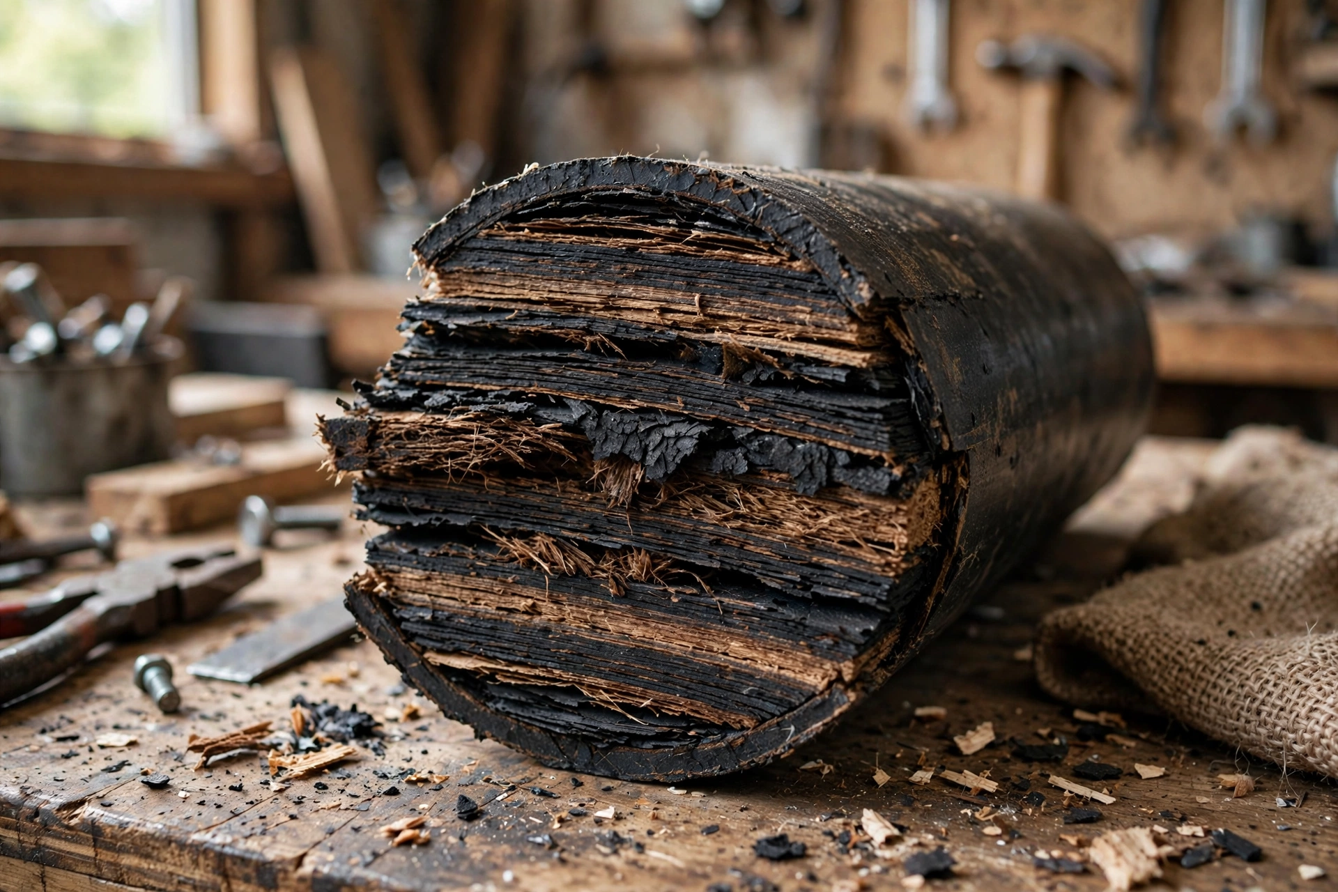 Close-up cross-section of a black bituminized fiber Orangeburg pipe showing the layered tar paper texture