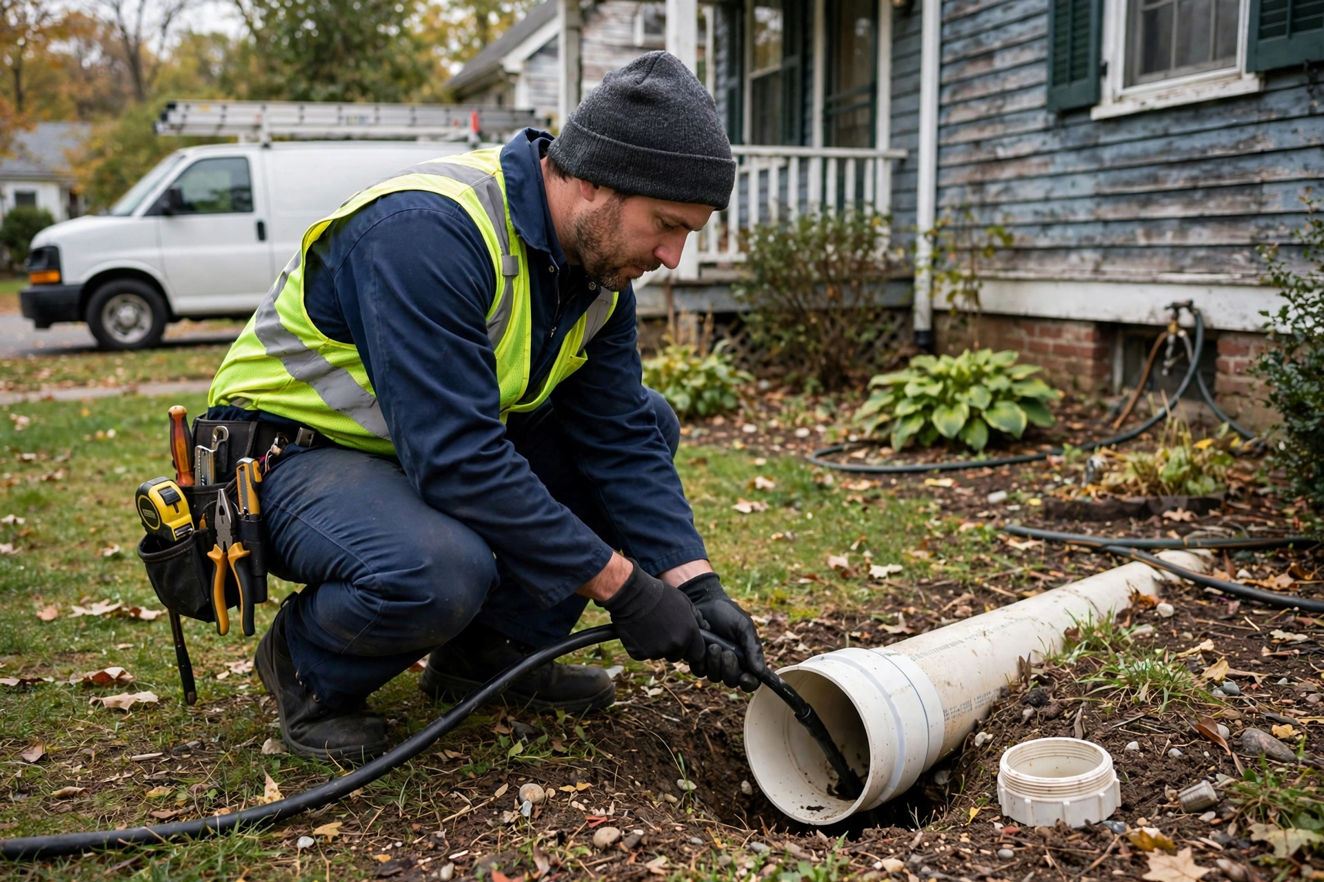 A sewer technician requirementding a camera cable into an outdoor cleanout during a pre-purchase inspection at an older Ohio home
