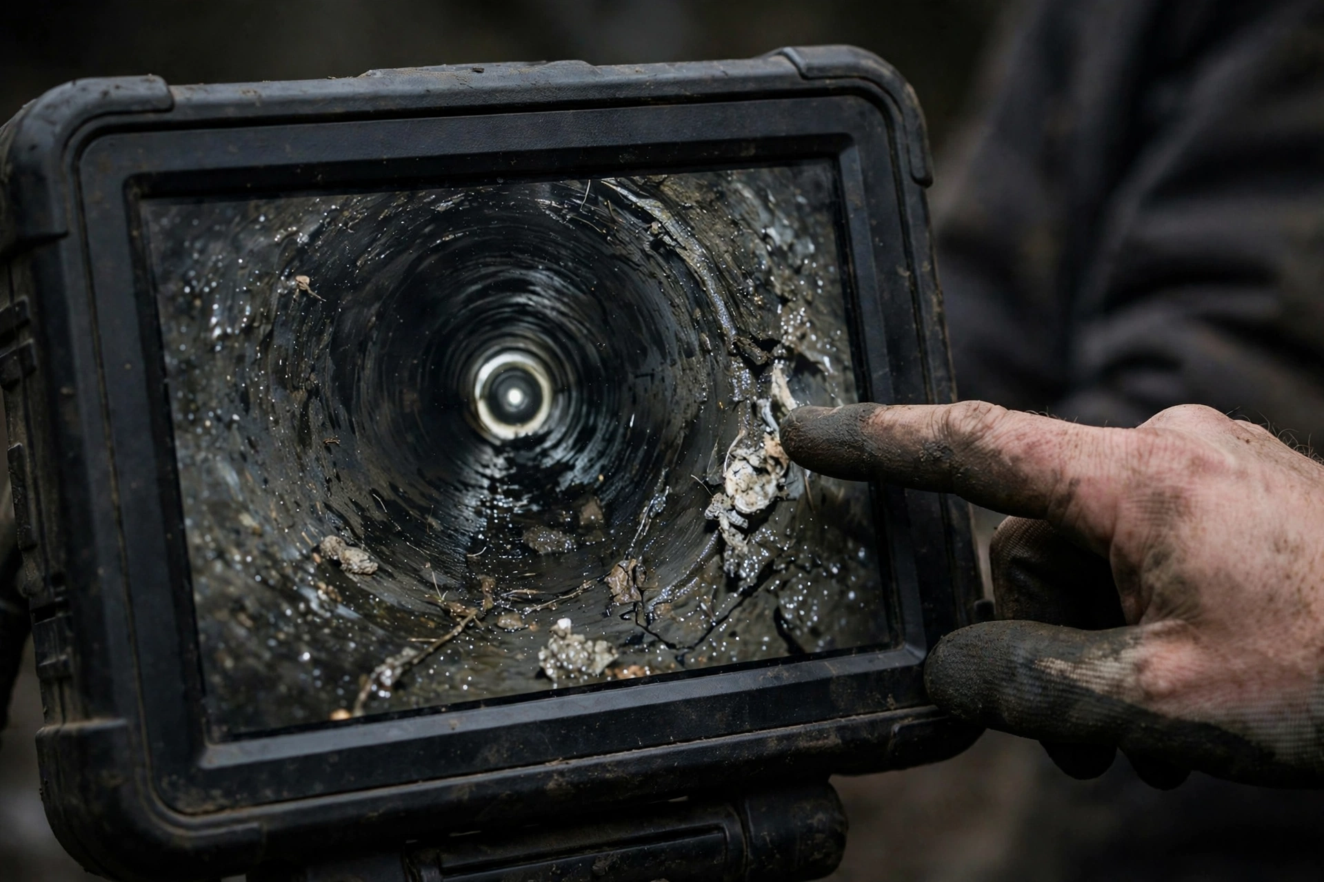Close-up of a sewer camera monitor showing the dark interior of a pipe during a pre-purchase inspection