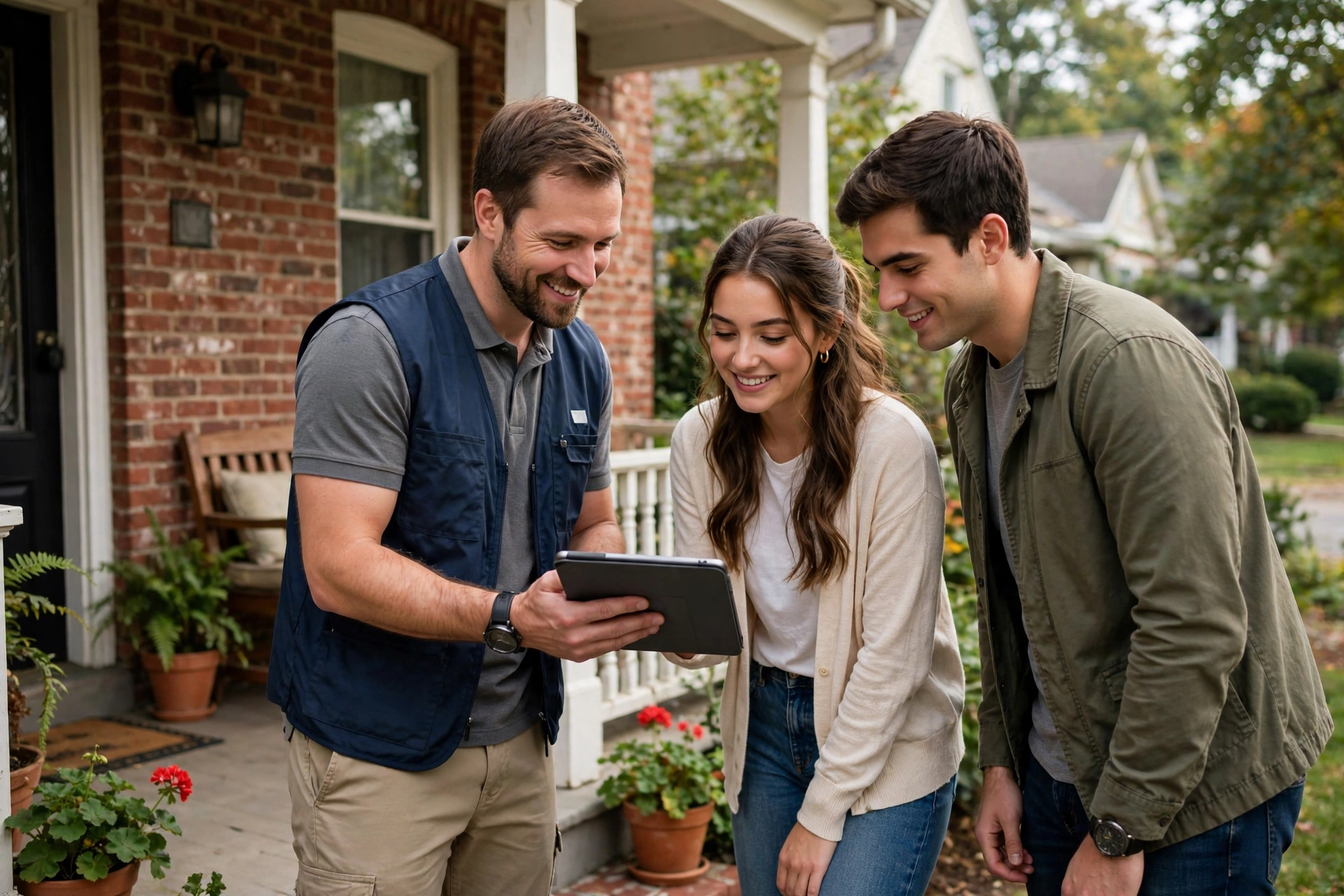 A home inspector reviewing sewer inspection results on a tablet with homebuyers on the front porch of a brick home