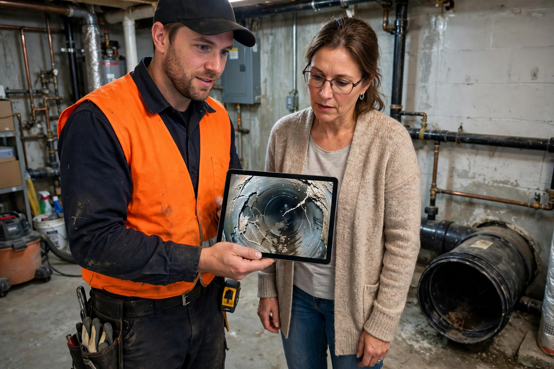 Sewer contractor showing a homeowner inspection footage on a tablet in an Ohio basement utility room