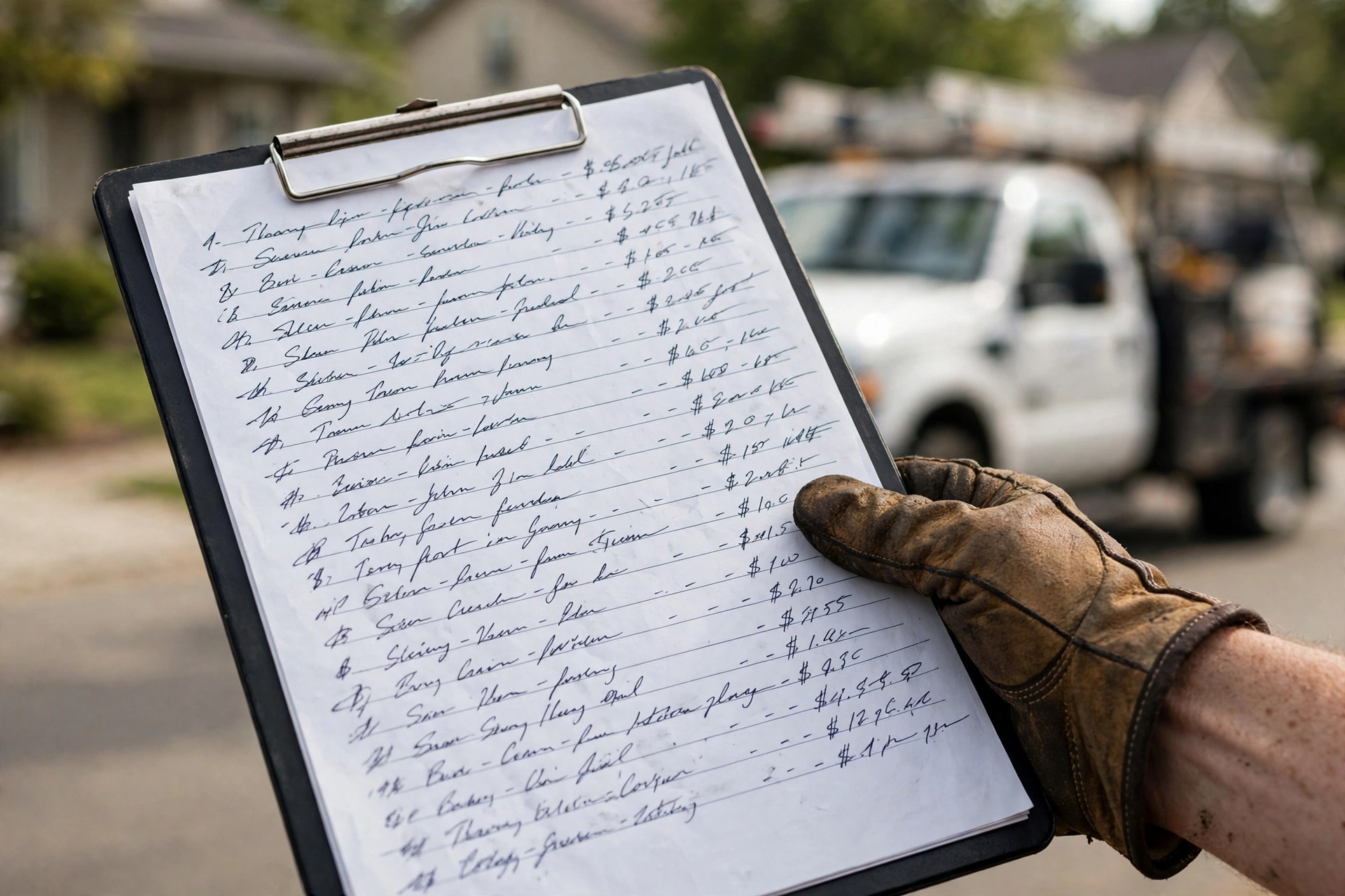 Close-up of a detailed written sewer repair assessment on a clipboard held by a contractor