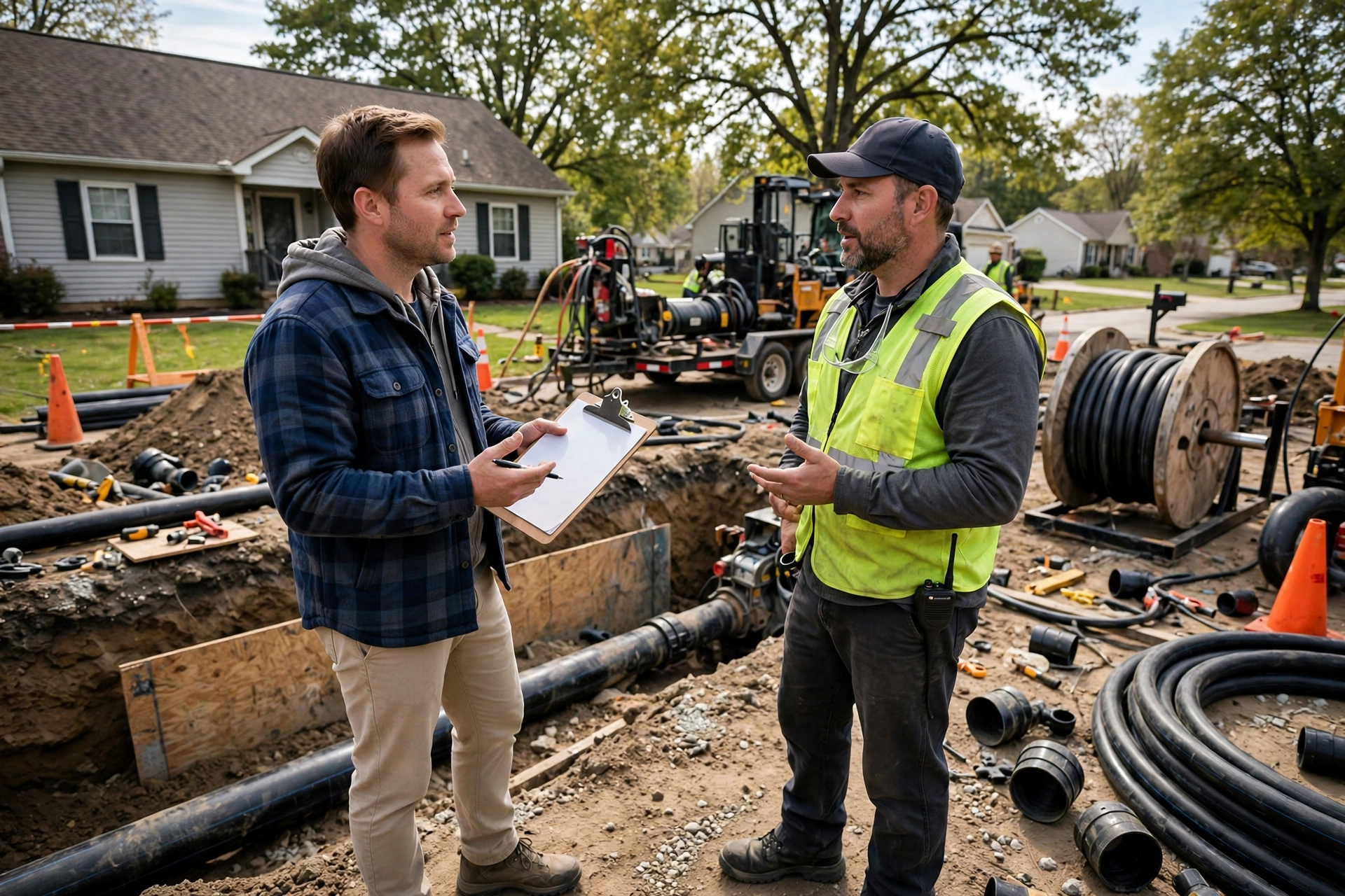 Homeowner with clipboard asking questions of a sewer contractor at a trenchless work site