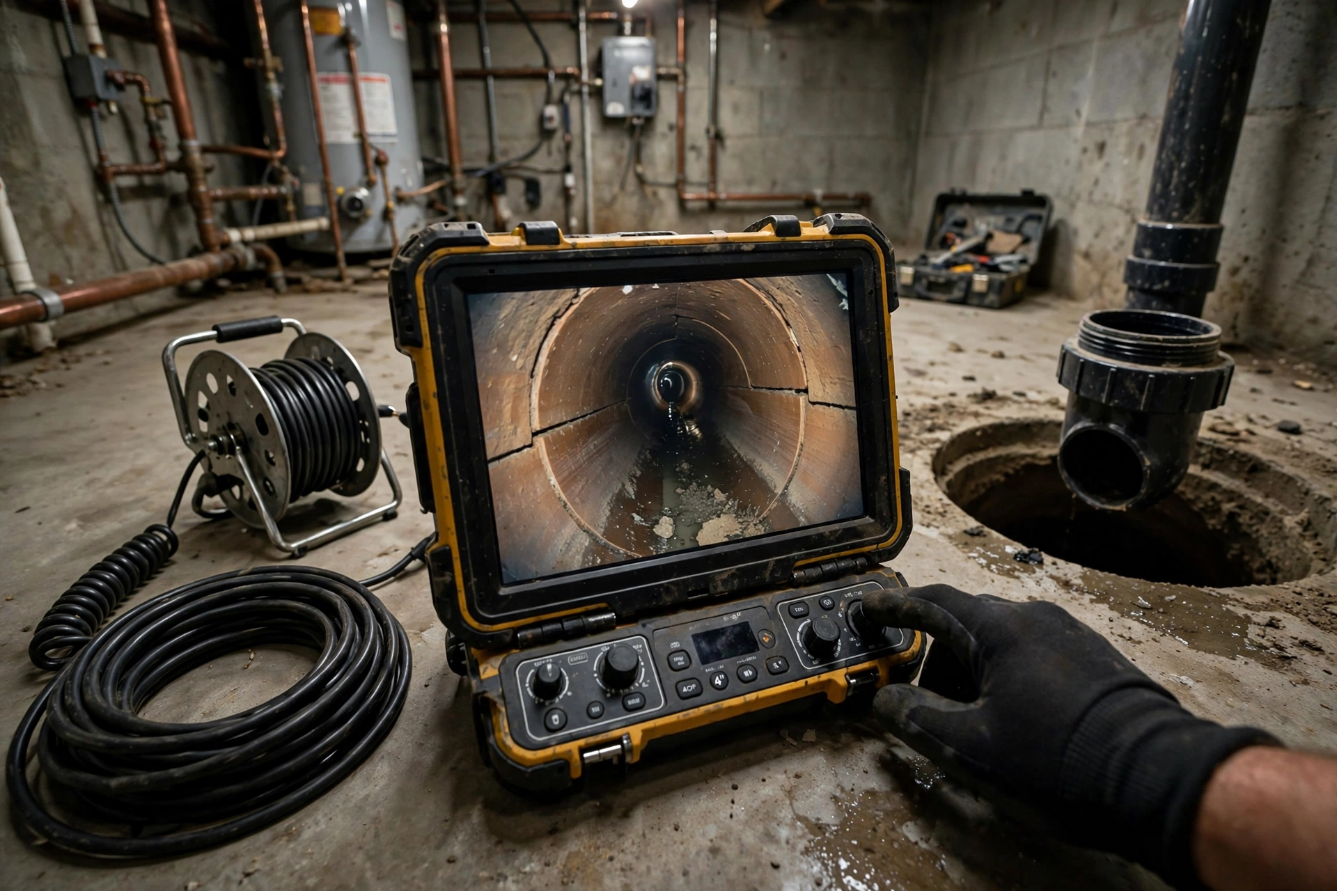 Sewer camera inspection monitor showing the inside of a clay pipe in an Ohio basement utility room