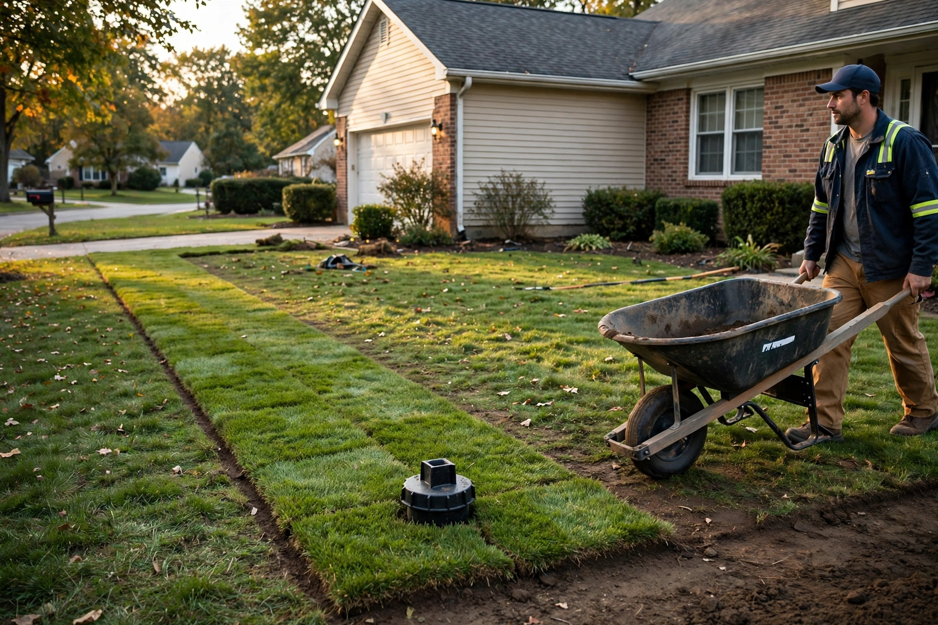 Finished sewer repair at an Ohio home with fresh sod over the work area and a tidy restored yard
