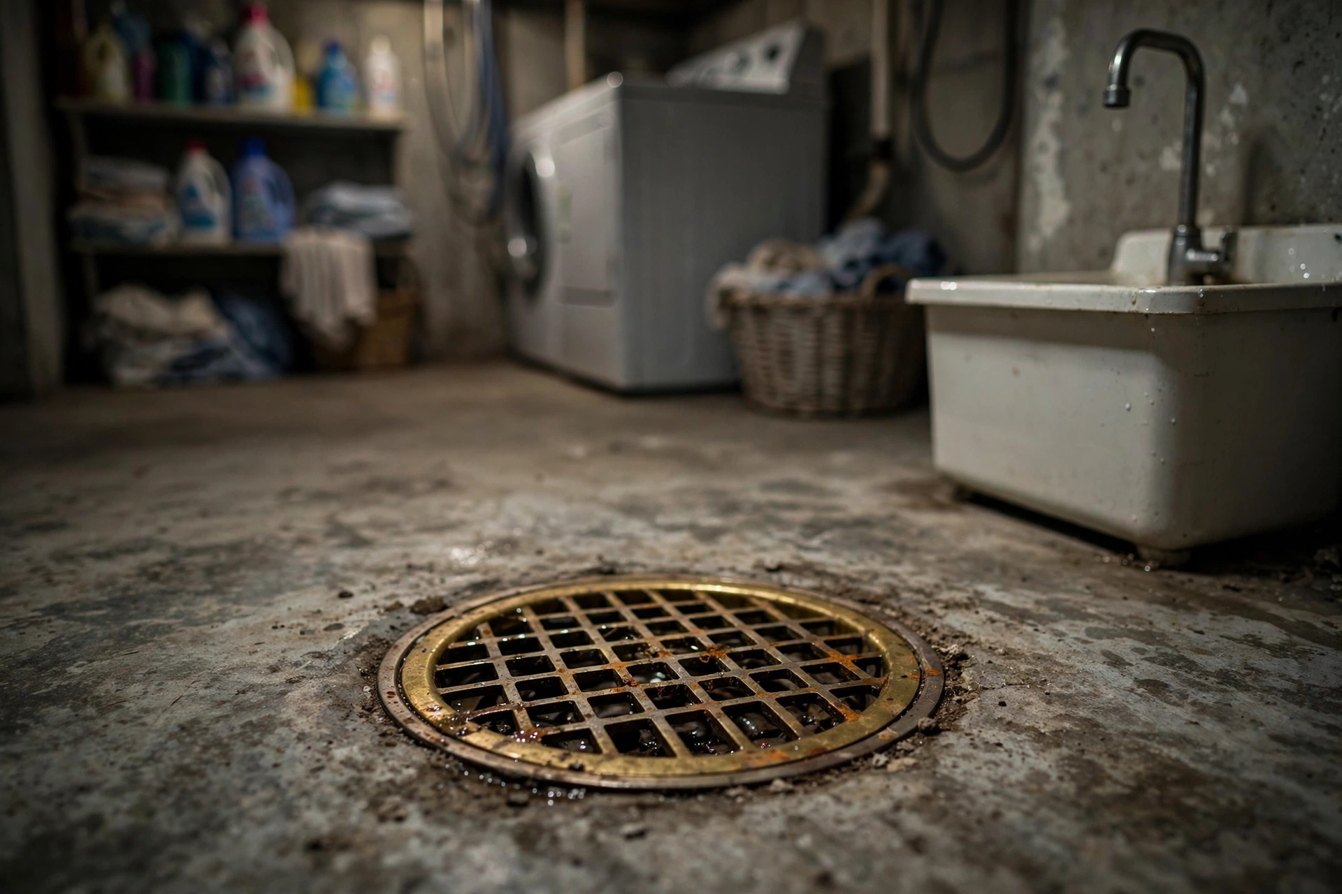 Basement floor drain in a concrete floor, the most common source of sewer odor in Ohio homes