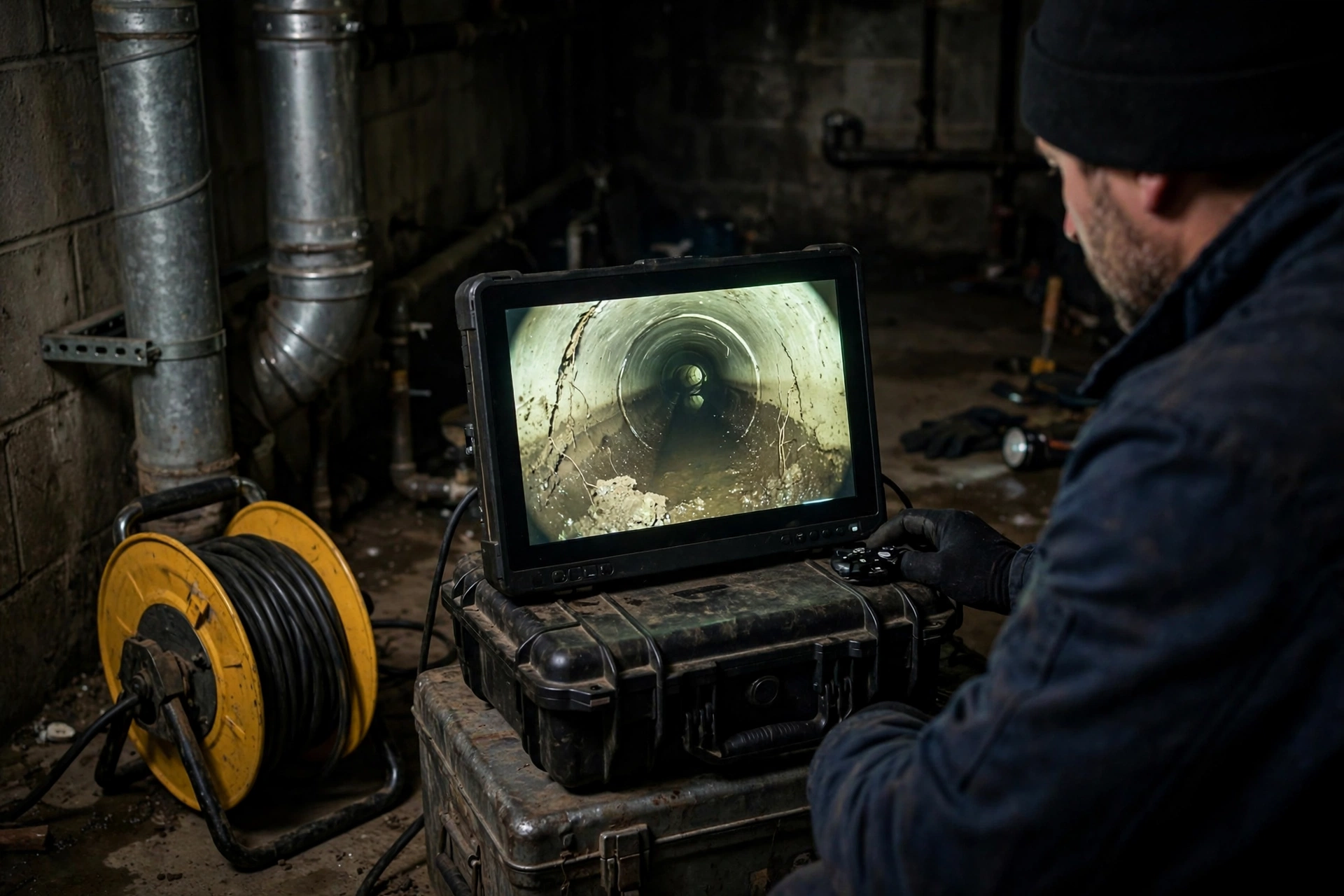 Technician monitoring a sewer camera screen in a basement while diagnosing the source of sewer odor