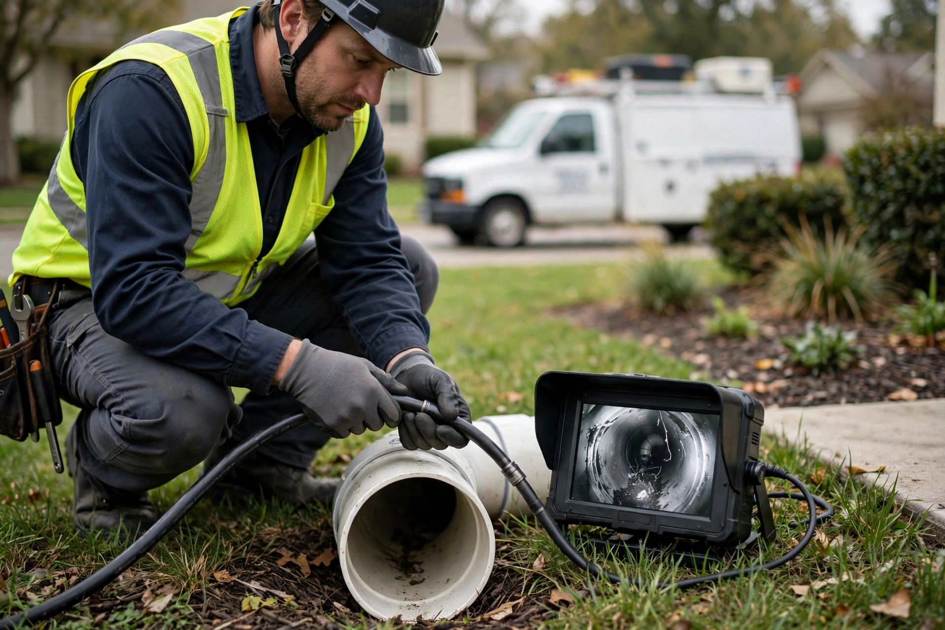 Sewer technician running a camera through an outdoor cleanout to inspect a homeowner's lateral