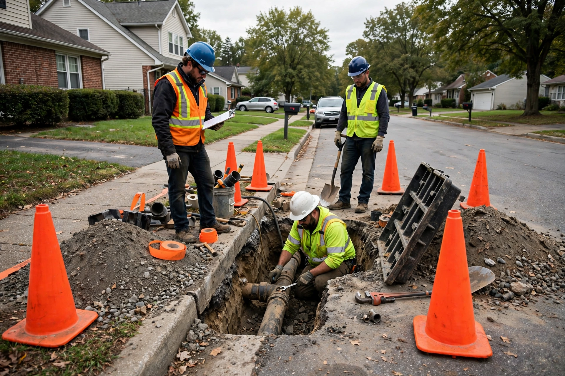 Utility crew repairing an underground pipe at the edge of a residential street near the curb