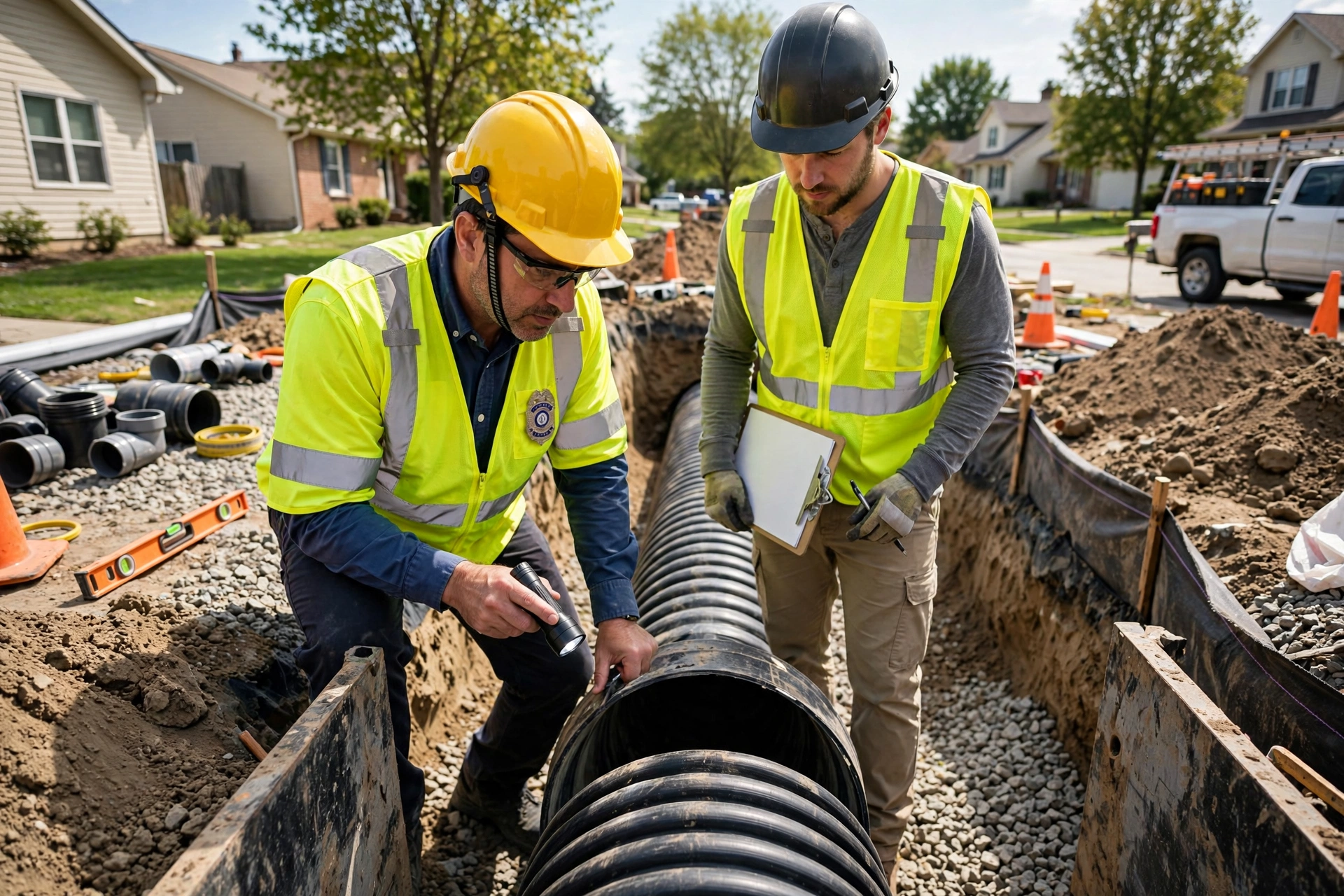 City inspector in a hard hat examining a newly installed sewer pipe in an open trench