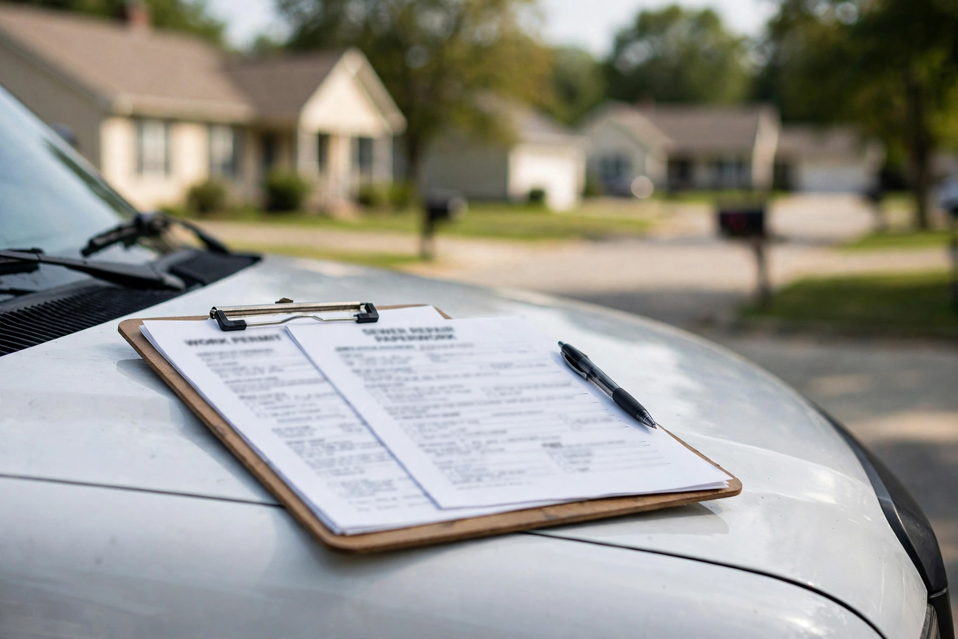 Sewer repair permit paperwork on a clipboard on a service van at an Ohio residential street