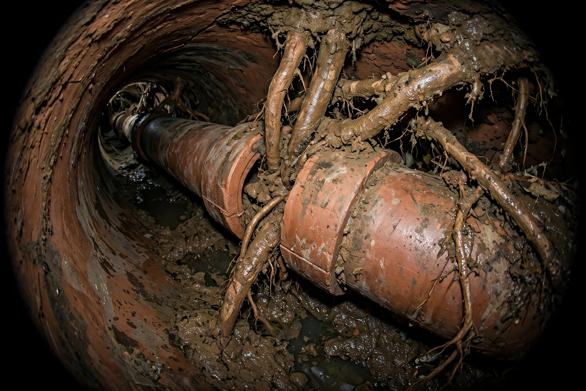 Sewer camera view inside a clay pipe showing thick tree roots intruding through a joint, a common cause of slow drains in Ohio