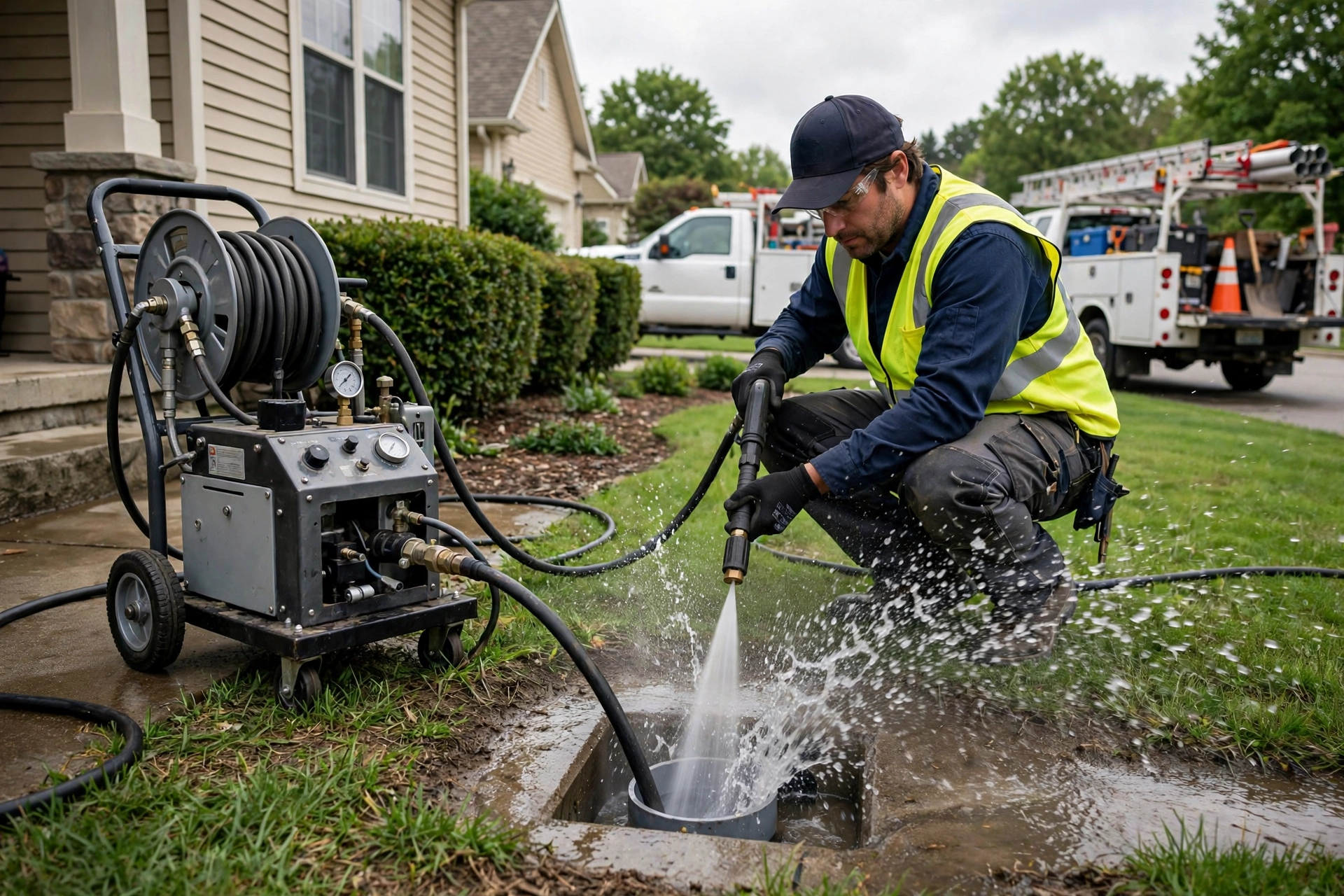 Technician operating hydro jetting equipment to clear a stubborn drain line blockage at an Ohio home