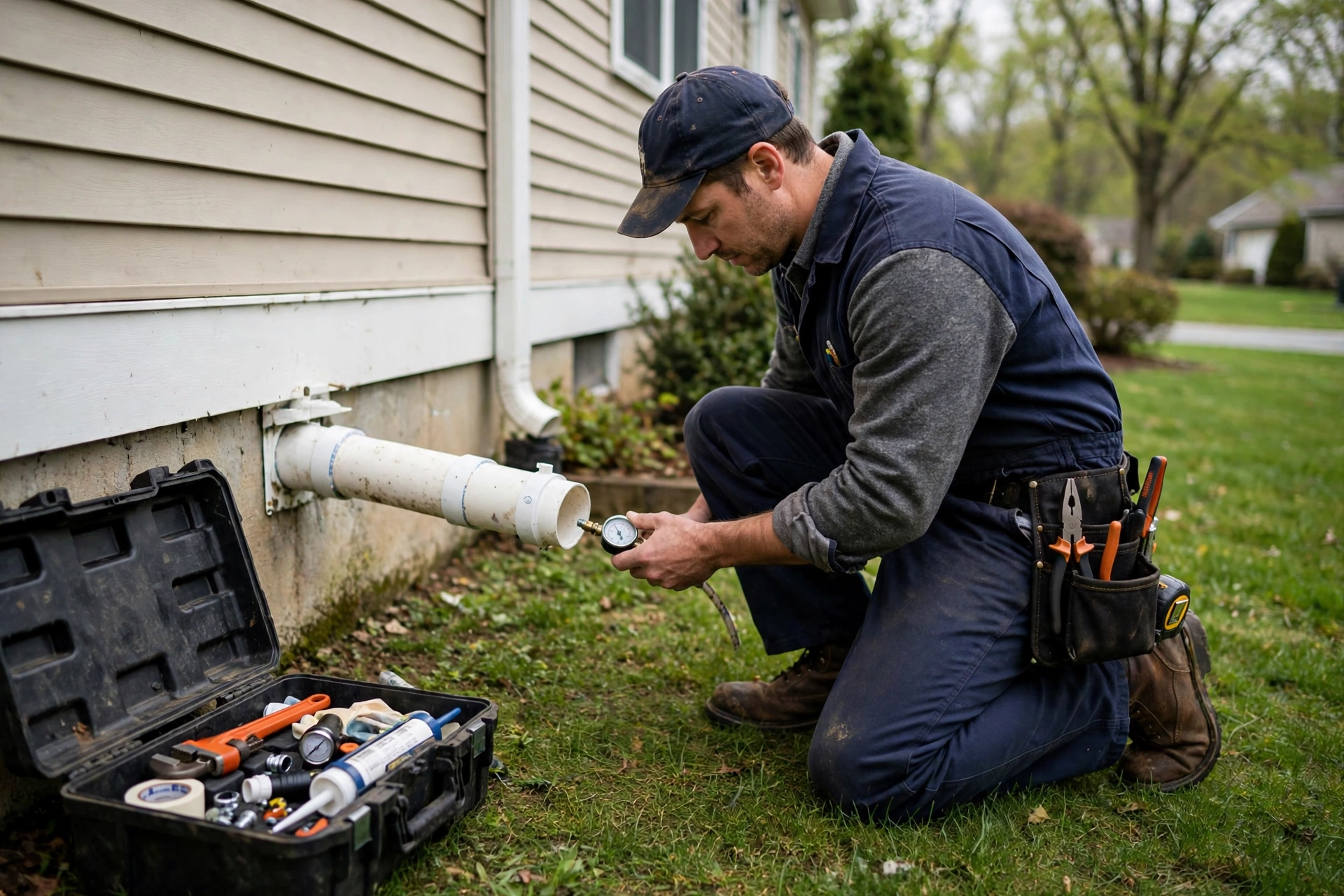 Technician testing an exterior sump pump discharge line at an Ohio home to make sure it drains away from the foundation