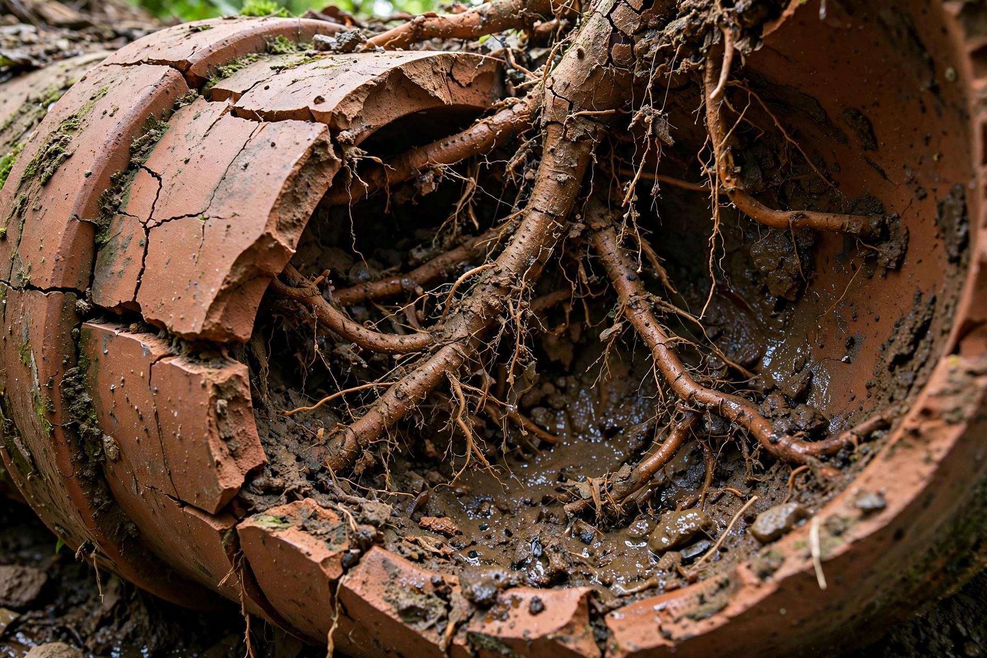 Tree roots penetrating a cracked clay sewer pipe joint, growing inside the pipe