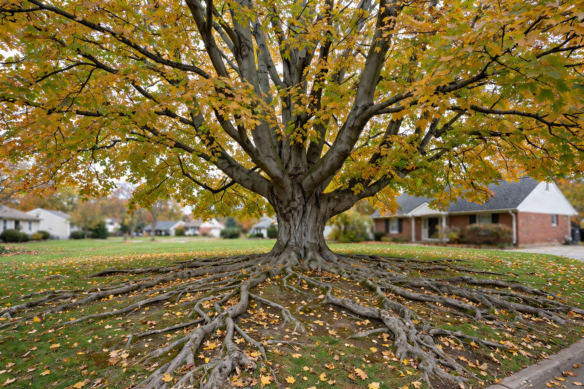 Large mature silver maple tree in an Ohio front yard with spreading surface roots