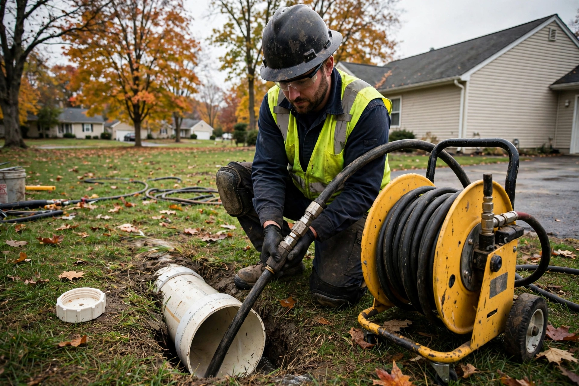 Technician performing hydro jetting on a residential sewer cleanout in Ohio