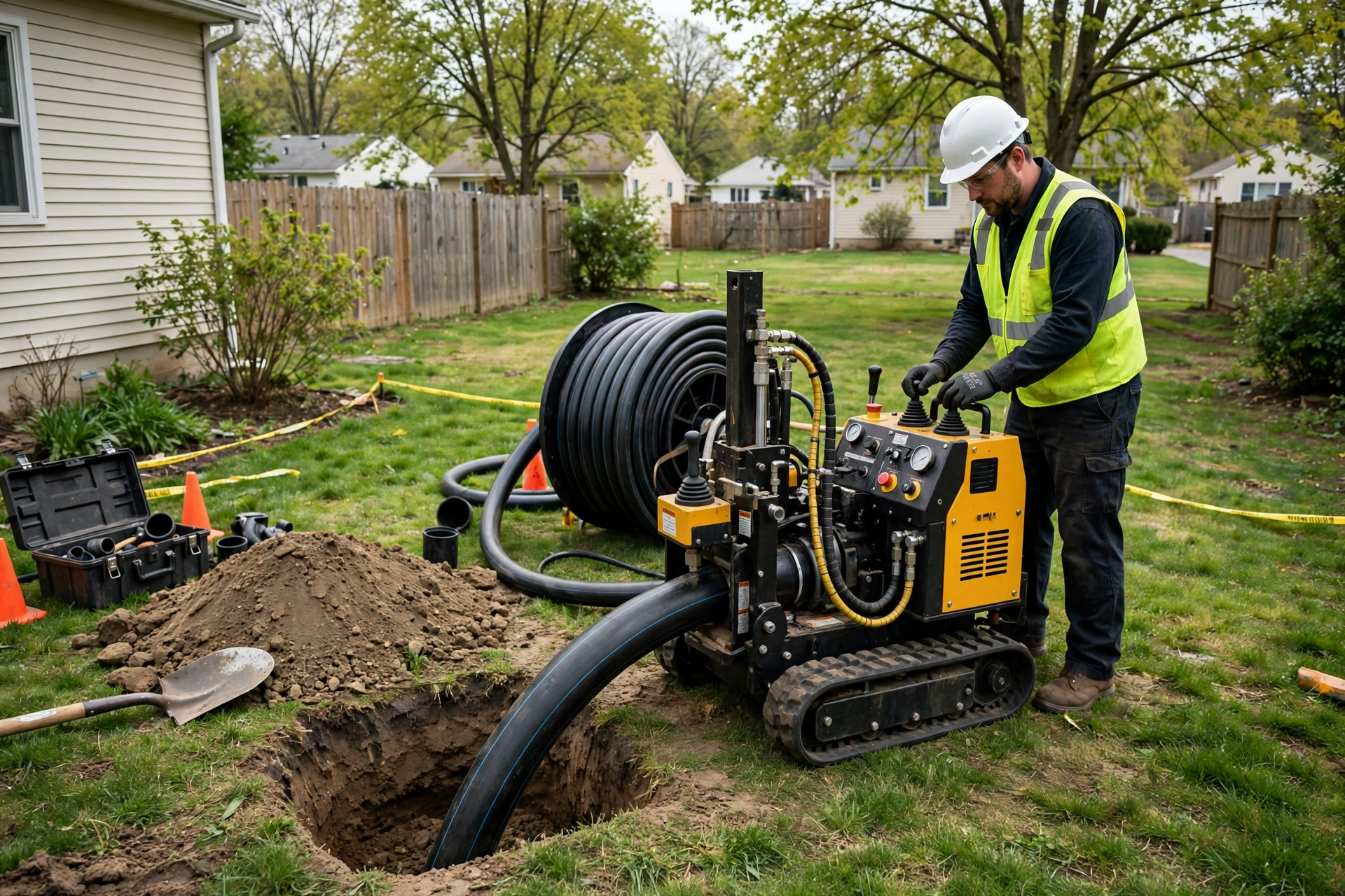 Trenchless pipe bursting machine working in an Ohio backyard with new HDPE pipe requirementding into a small entry pit