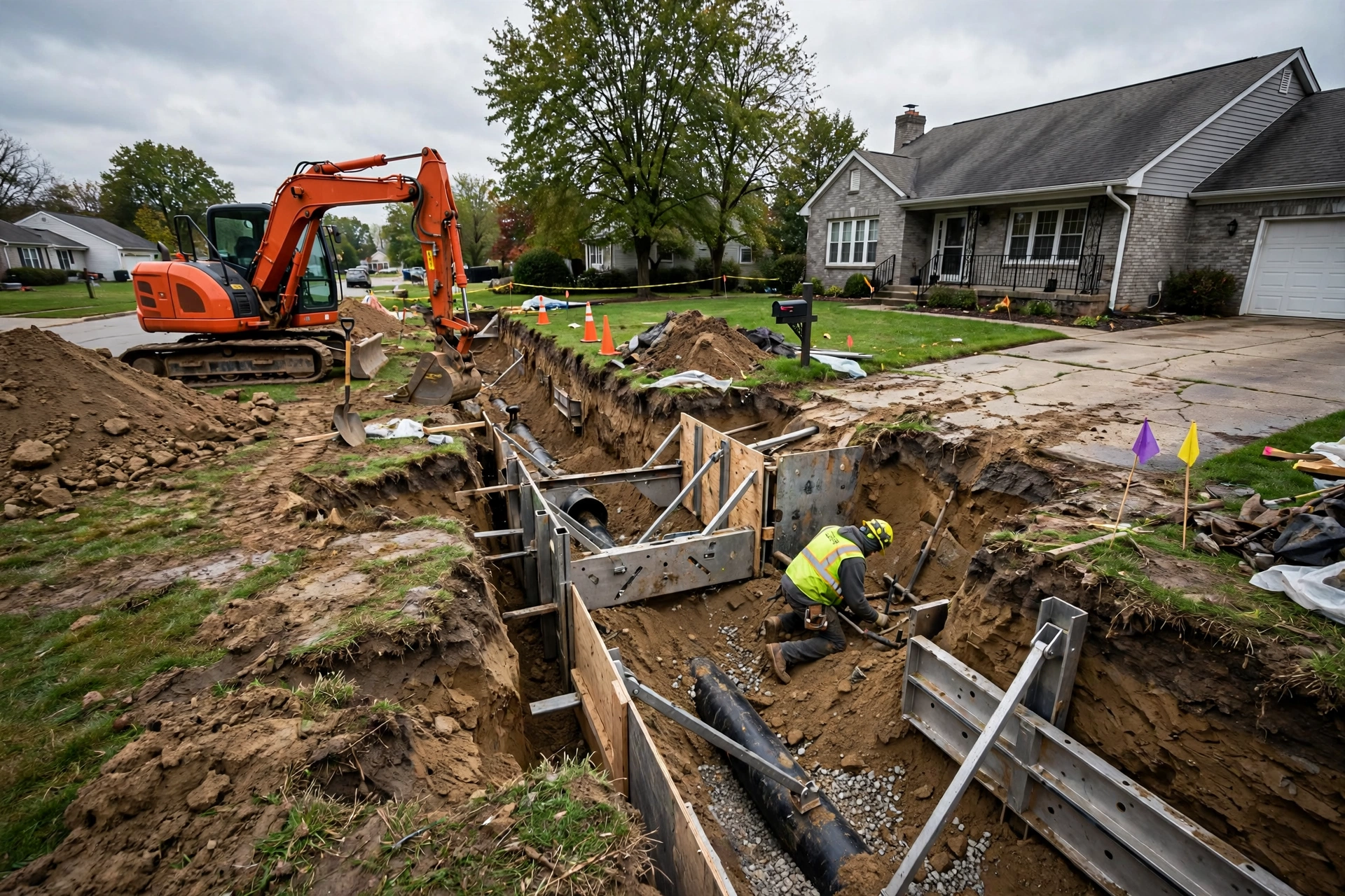 Open trench excavation across a torn-up suburban lawn with an excavator during traditional sewer replacement