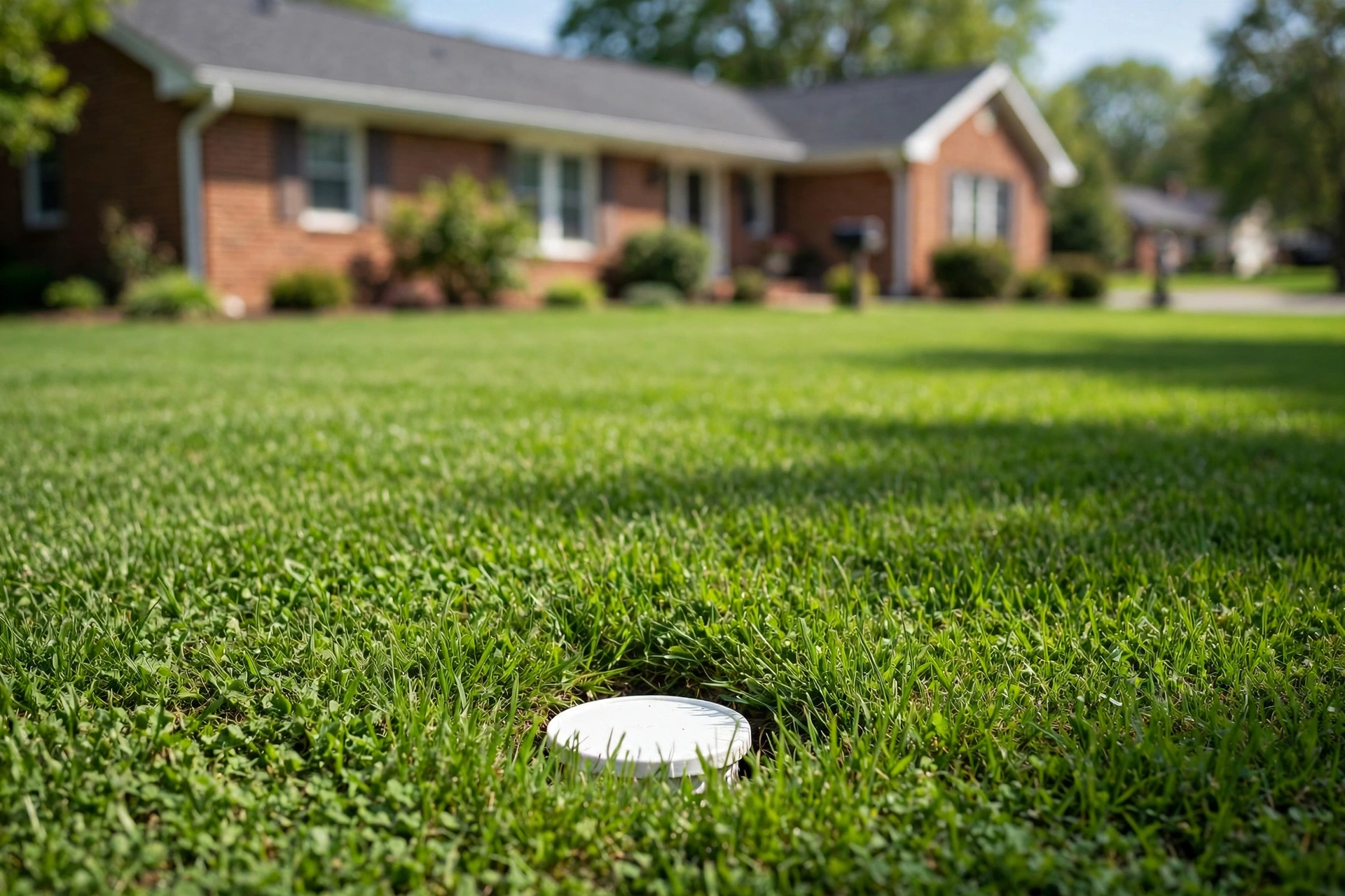 Pristine Ohio lawn after trenchless sewer repair with a small cleanout cap and intact grass