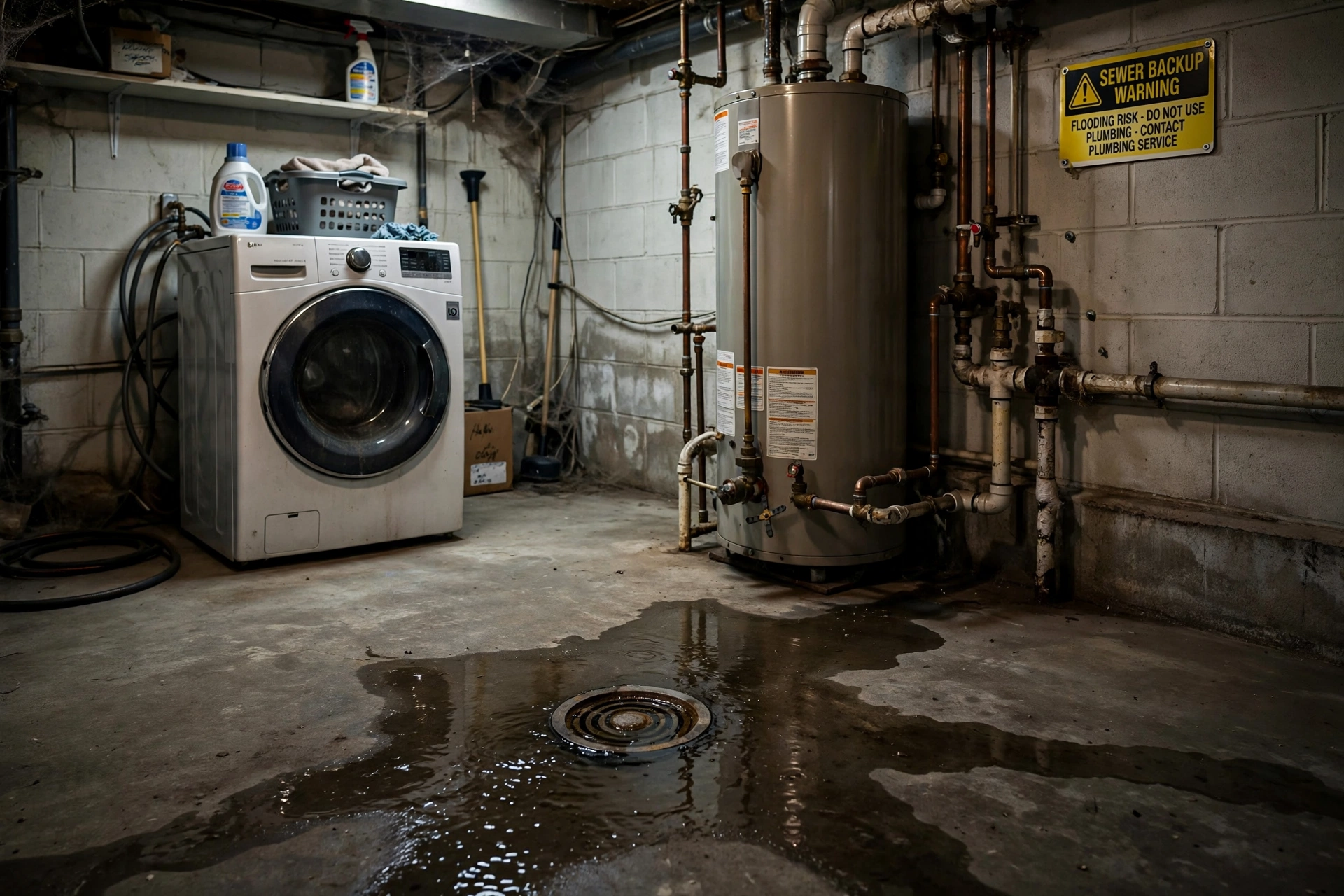 Basement floor drain with standing water pooling around it, a warning sign of a sewer backup