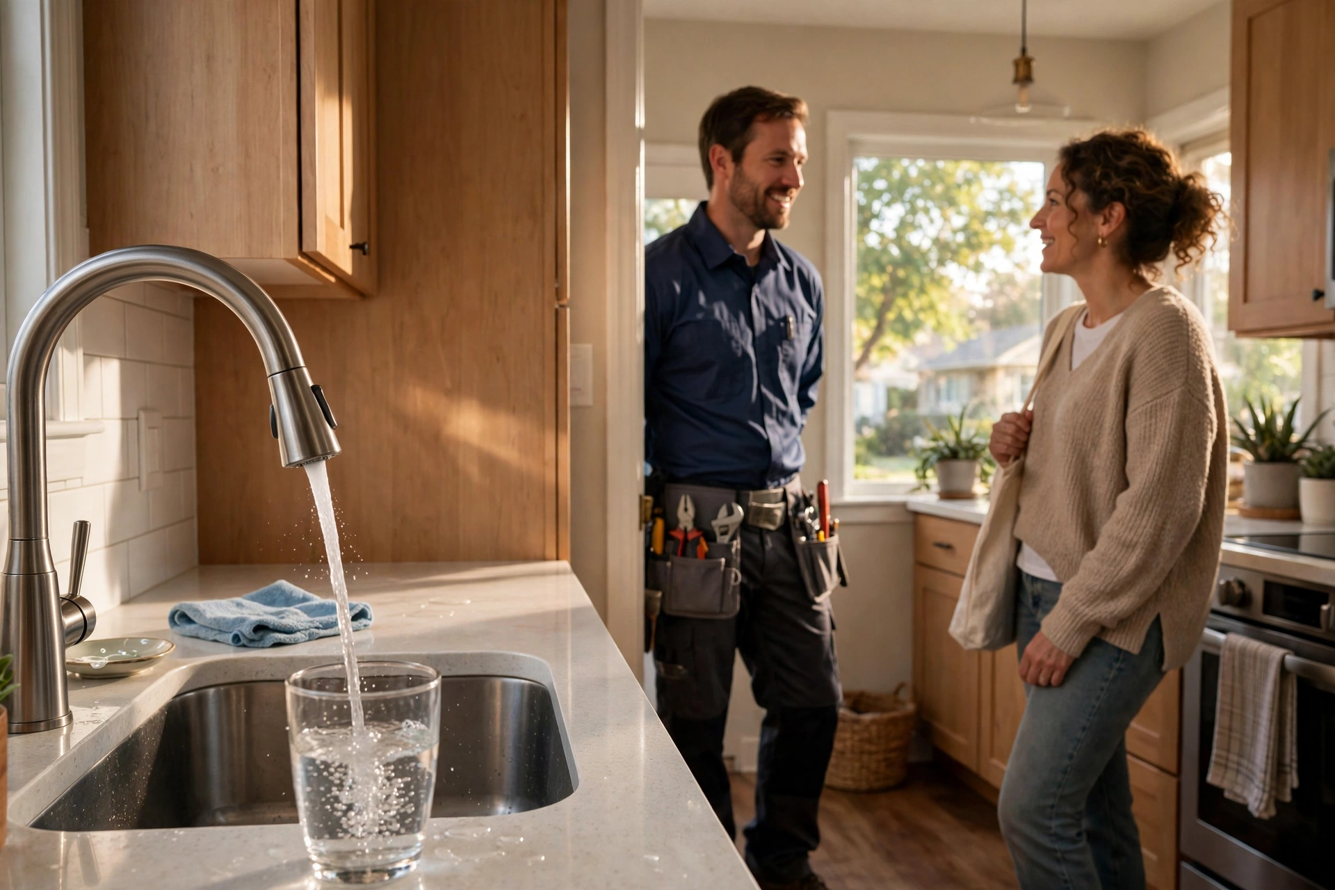 Kitchen faucet running clear water into a glass while a plumber talks with the homeowner about the repair