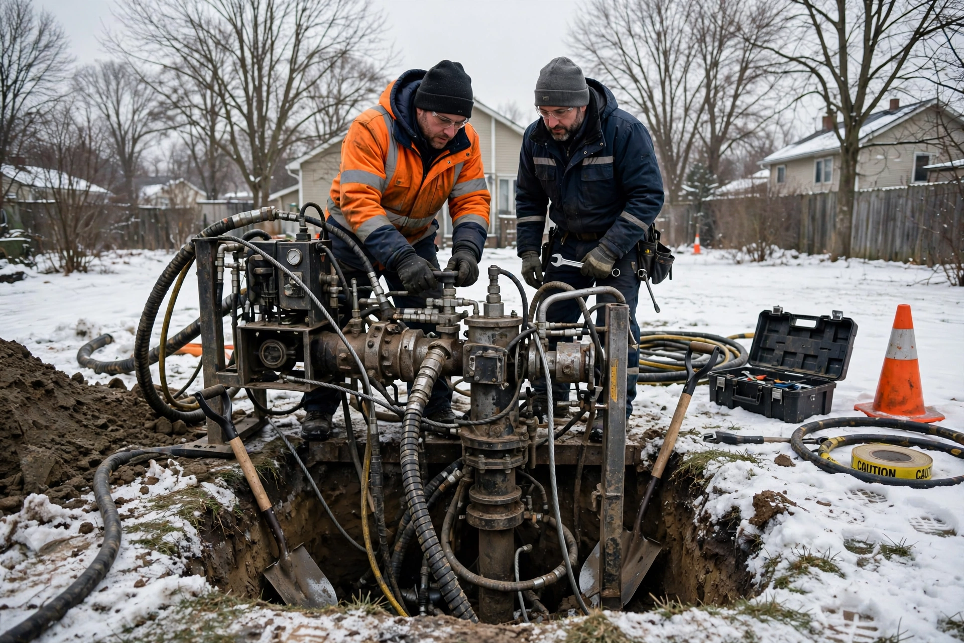 Trenchless sewer repair crew operating a pipe-bursting rig in a snowy Ohio yard