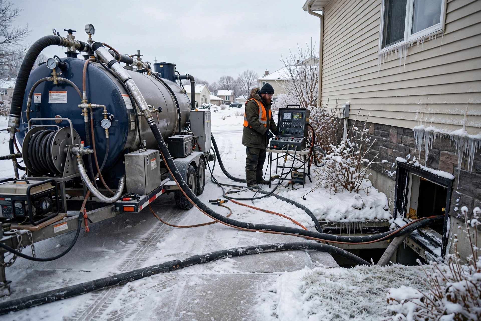 Pipe lining equipment with heated hoses set up on a snowy driveway for winter trenchless sewer repair