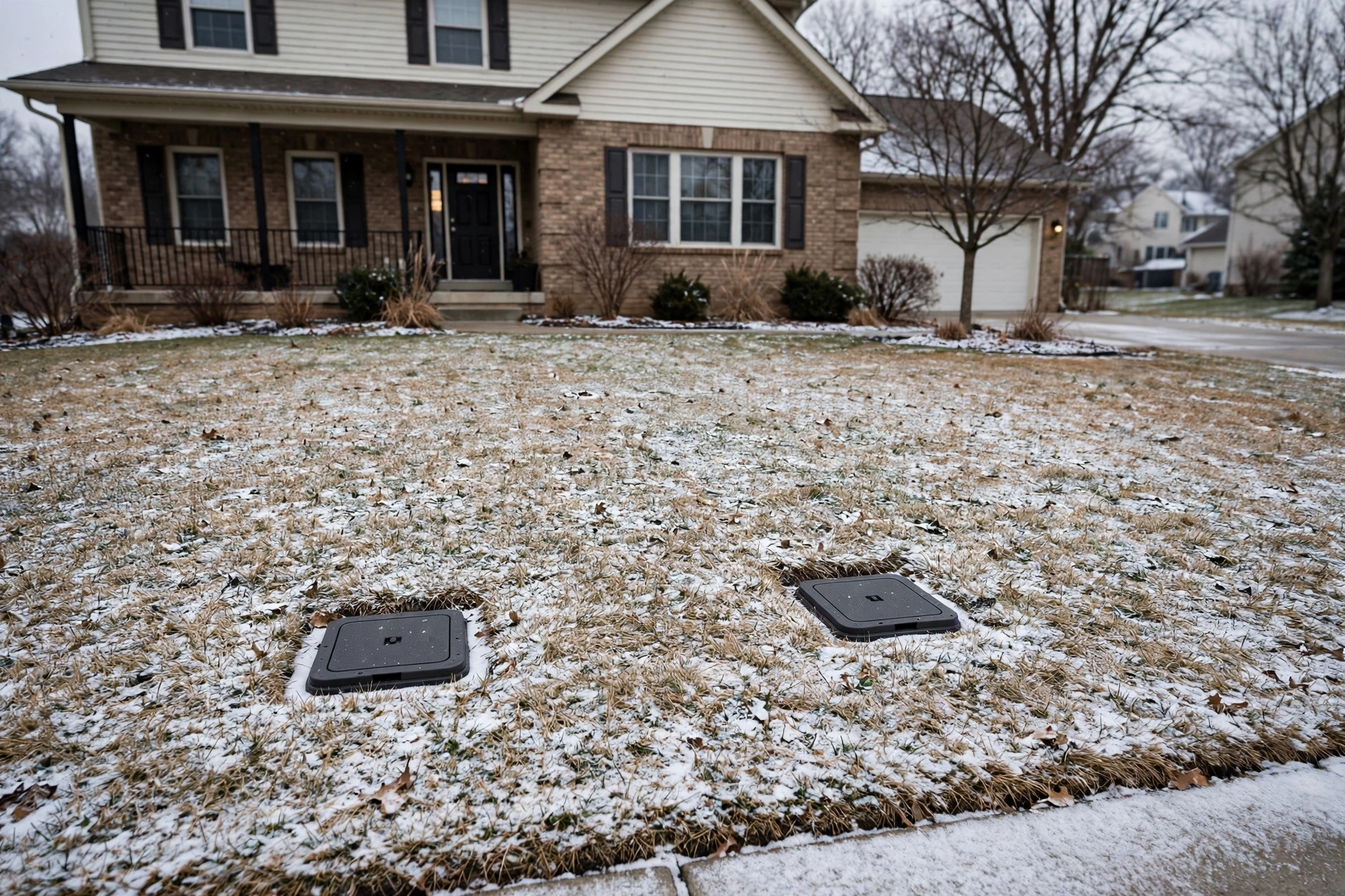 Winter front yard with two small trenchless access pits and the rest of the lawn undisturbed by snow