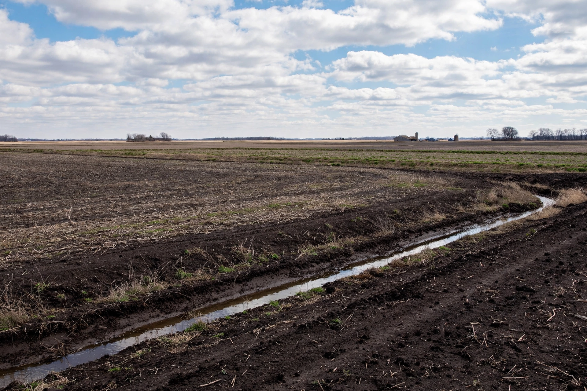 Flat northwest Ohio farmland with drainage ditches and dark soil near Bowling Green