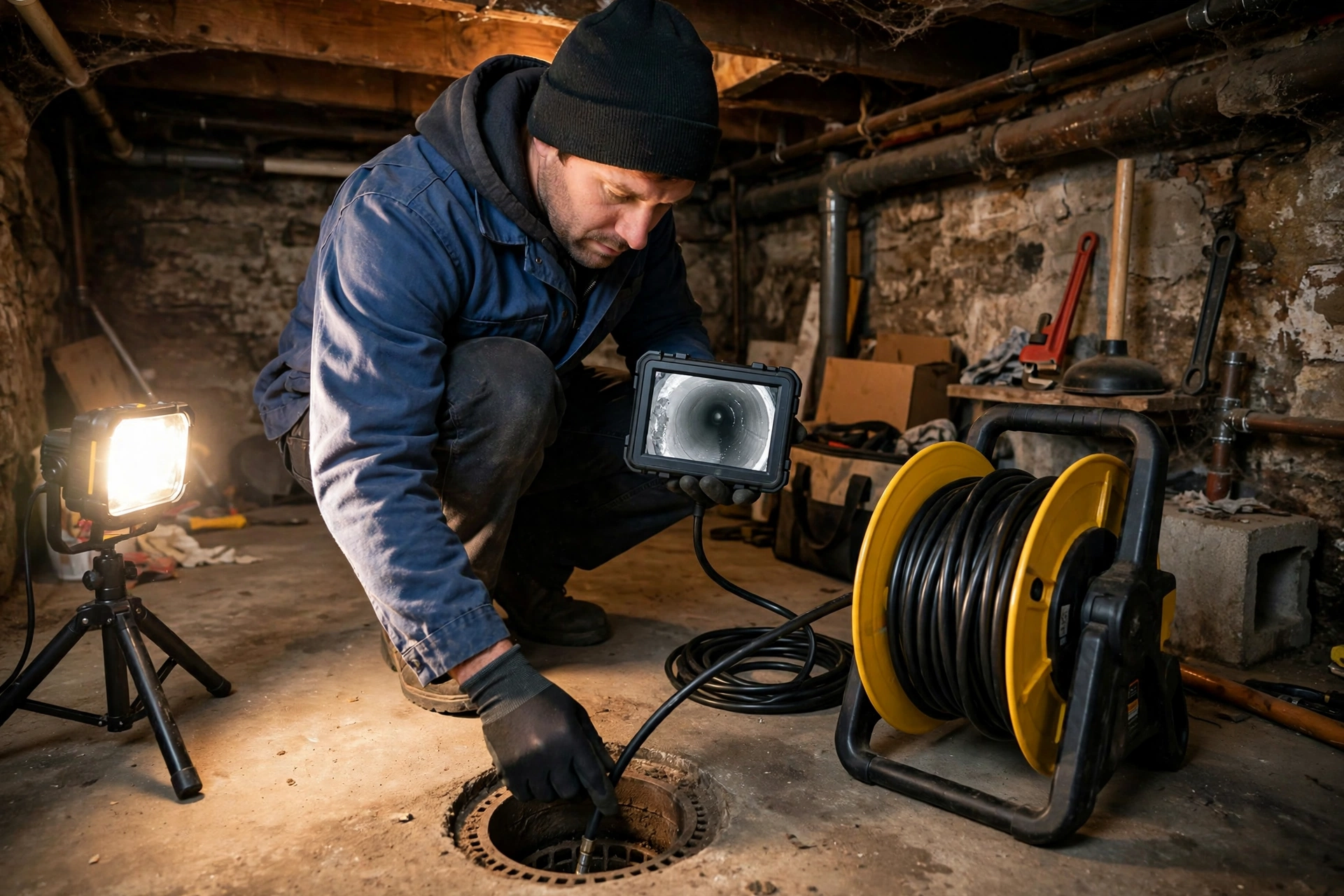 Plumbing technician requirementding a sewer camera cable into a basement floor drain in an older Bowling Green home