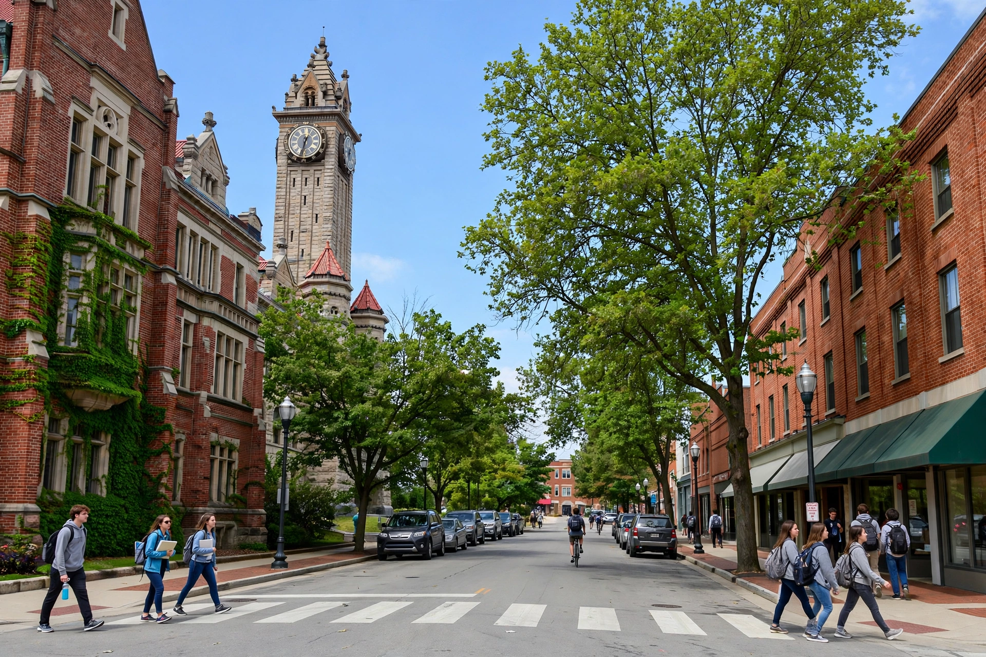 Historic brick university buildings with a clock tower on a tree-lined main street in Bowling Green, Ohio