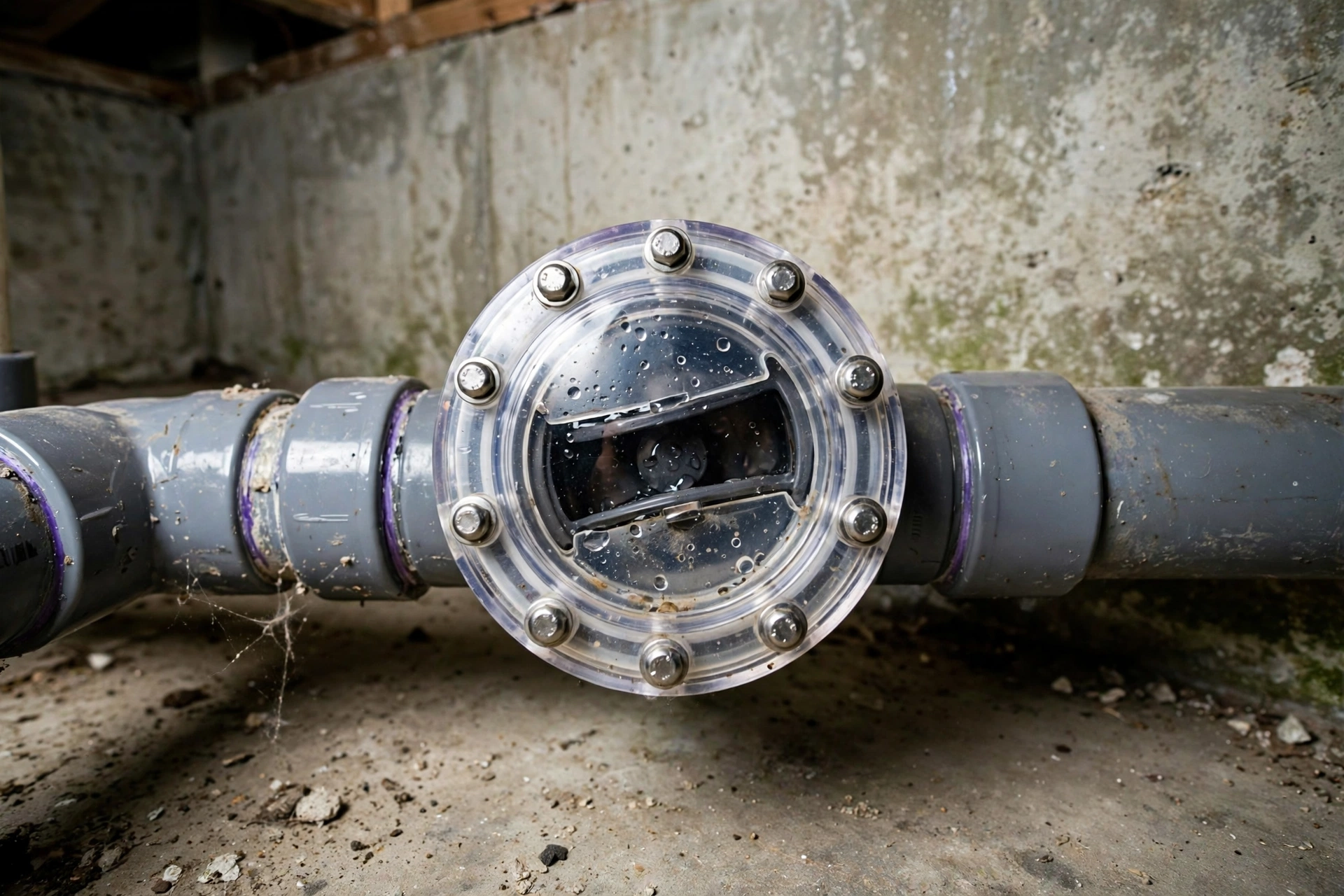 Backwater valve installed on a residential sewer lateral in a basement, showing the valve device with a clear housing