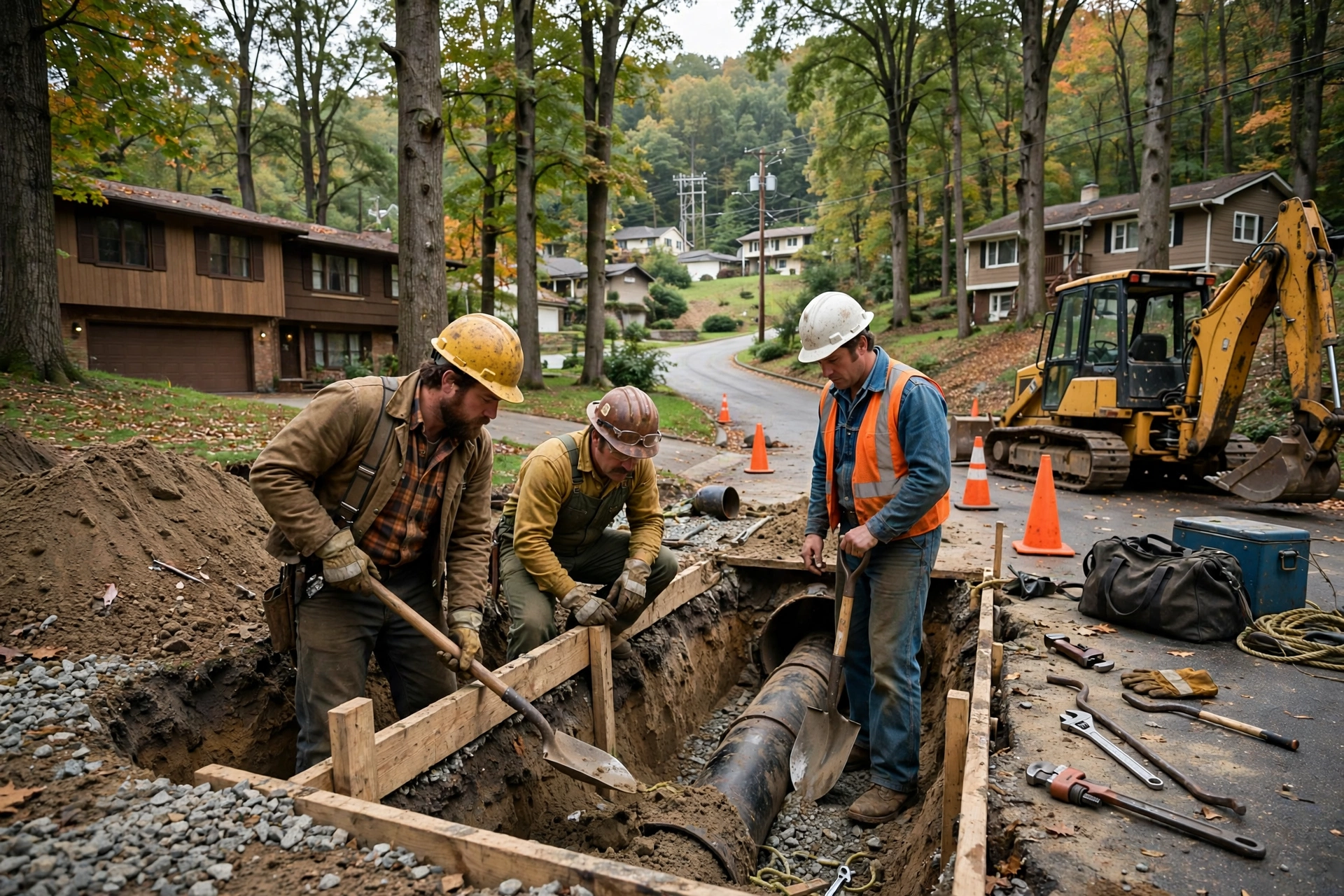 Sewer line repair crew working in a wooded 1970s subdivision in Broadview Heights, Ohio, with split-level homes among tall trees on sloping lots