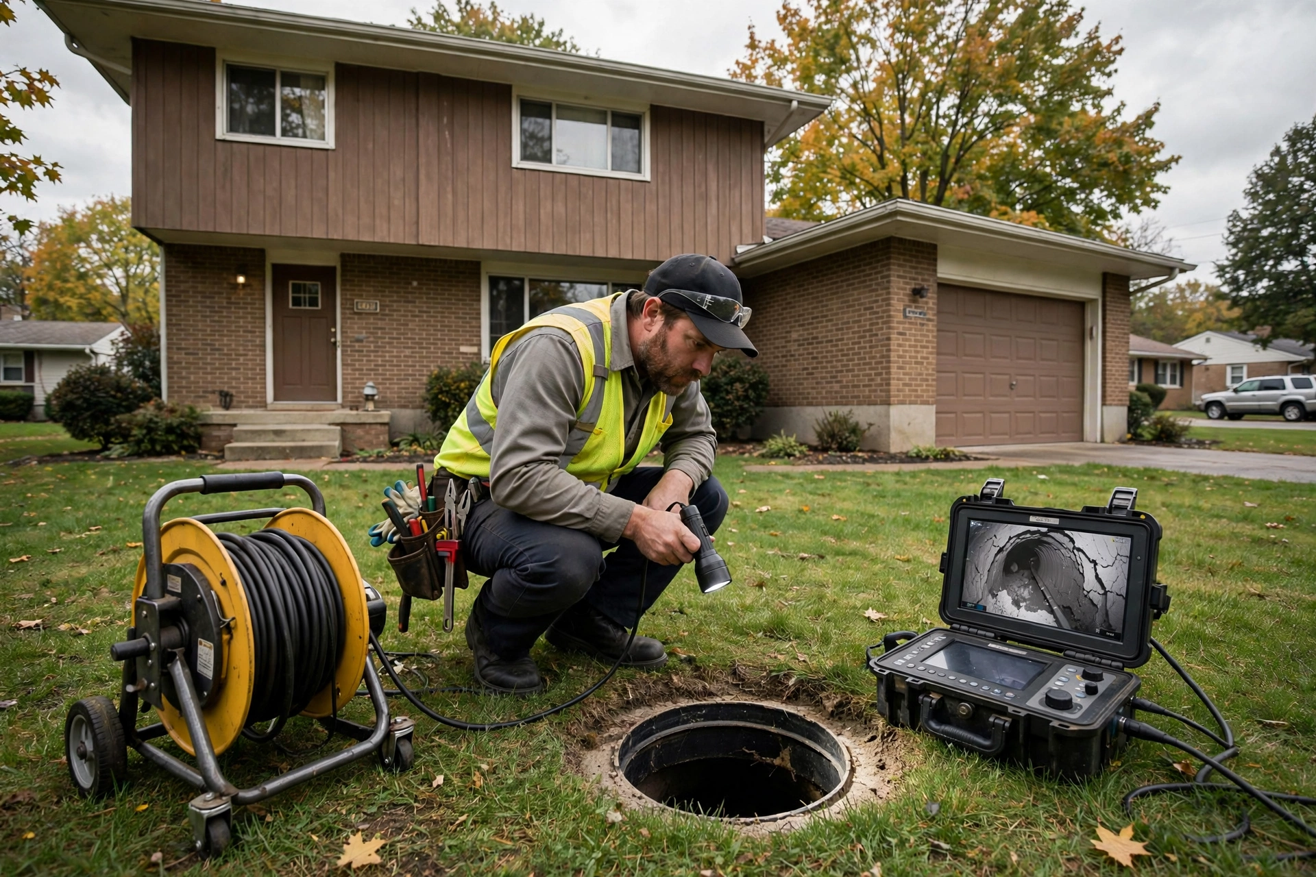 Plumbing technician inspecting a sewer cleanout in the front yard of a 1970s split-level home in Brunswick, Ohio