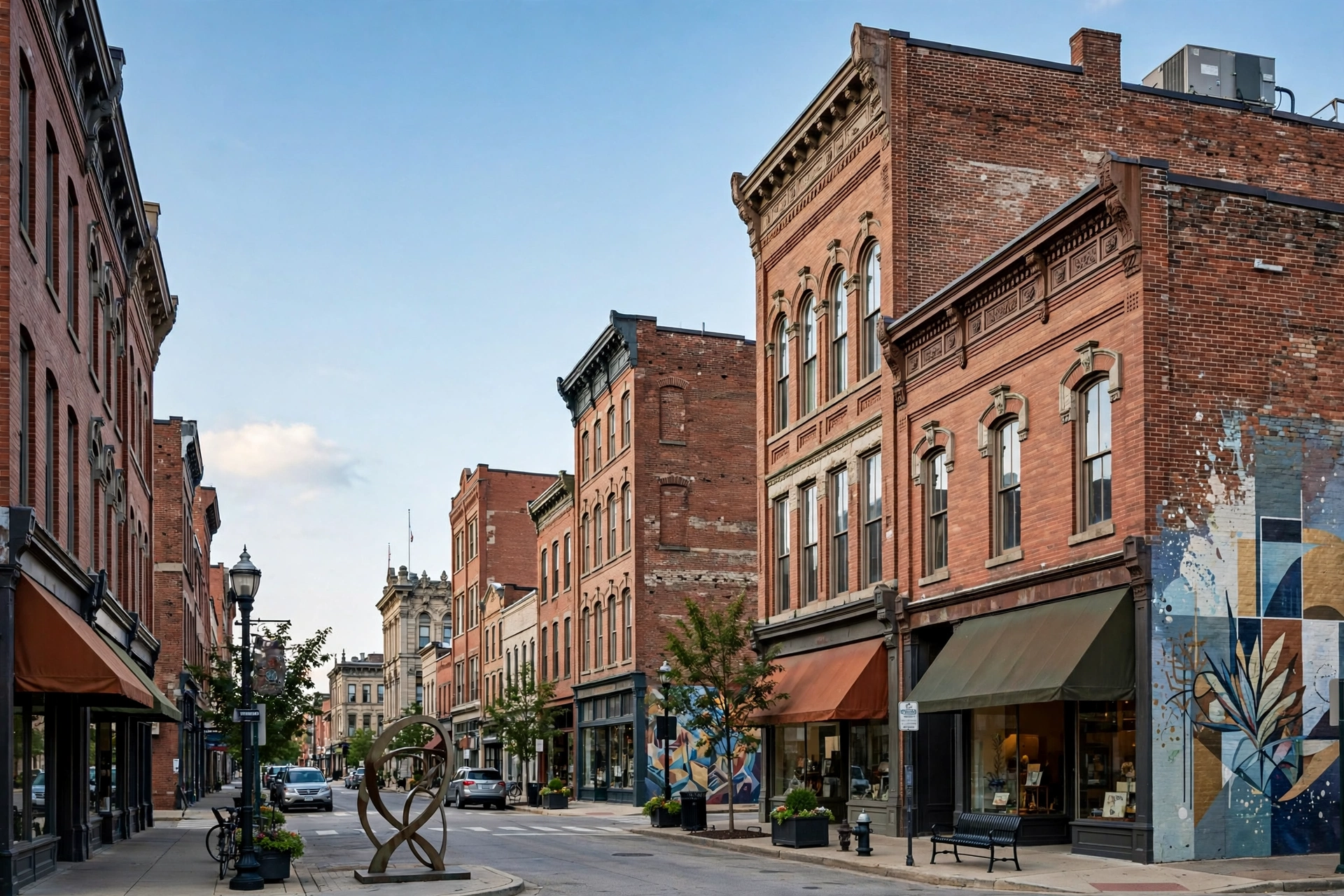 Historic brick buildings and arts district streetscape in downtown Canton, Ohio