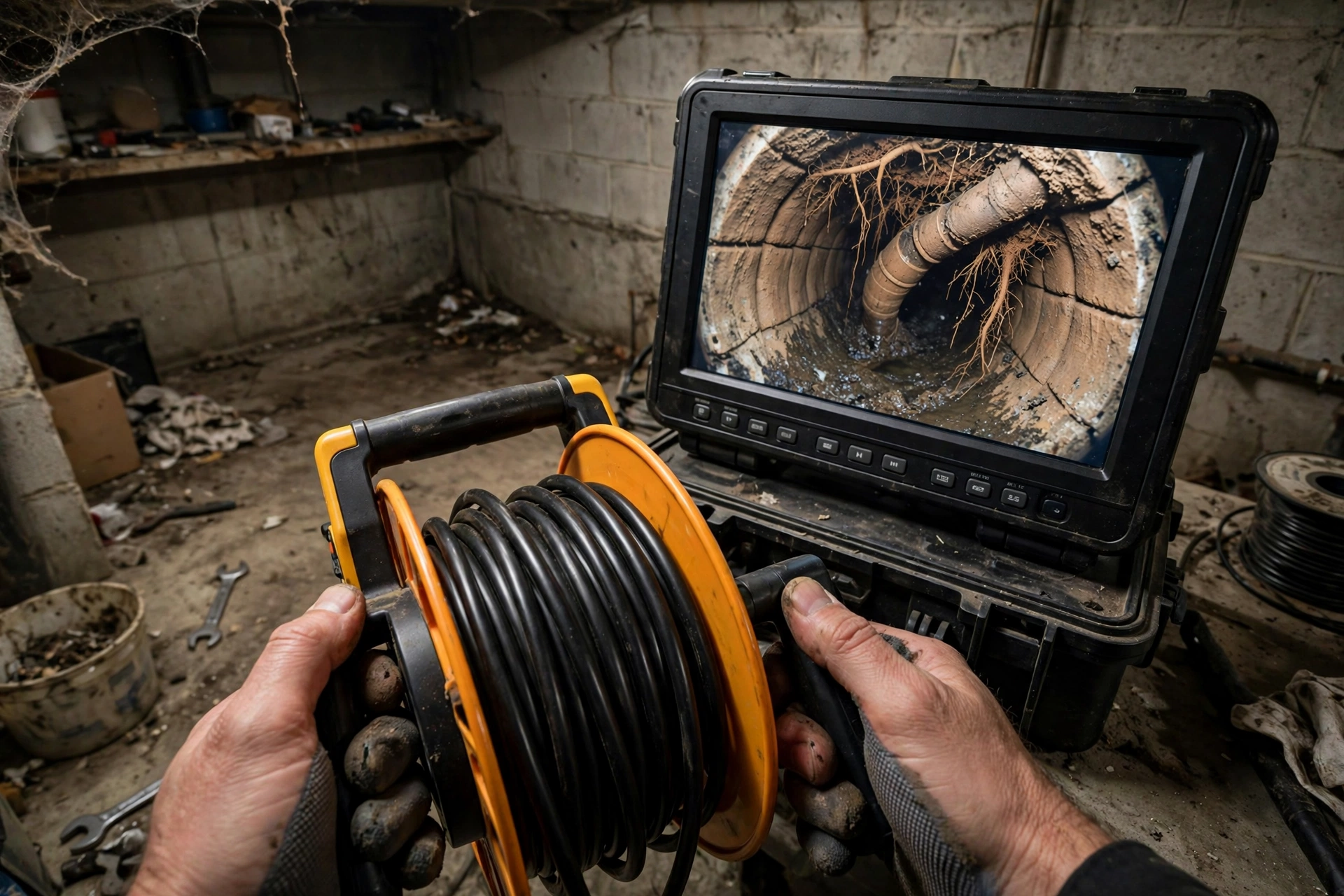 Sewer camera monitor showing roots inside an old clay pipe during an inspection in Canton, Ohio
