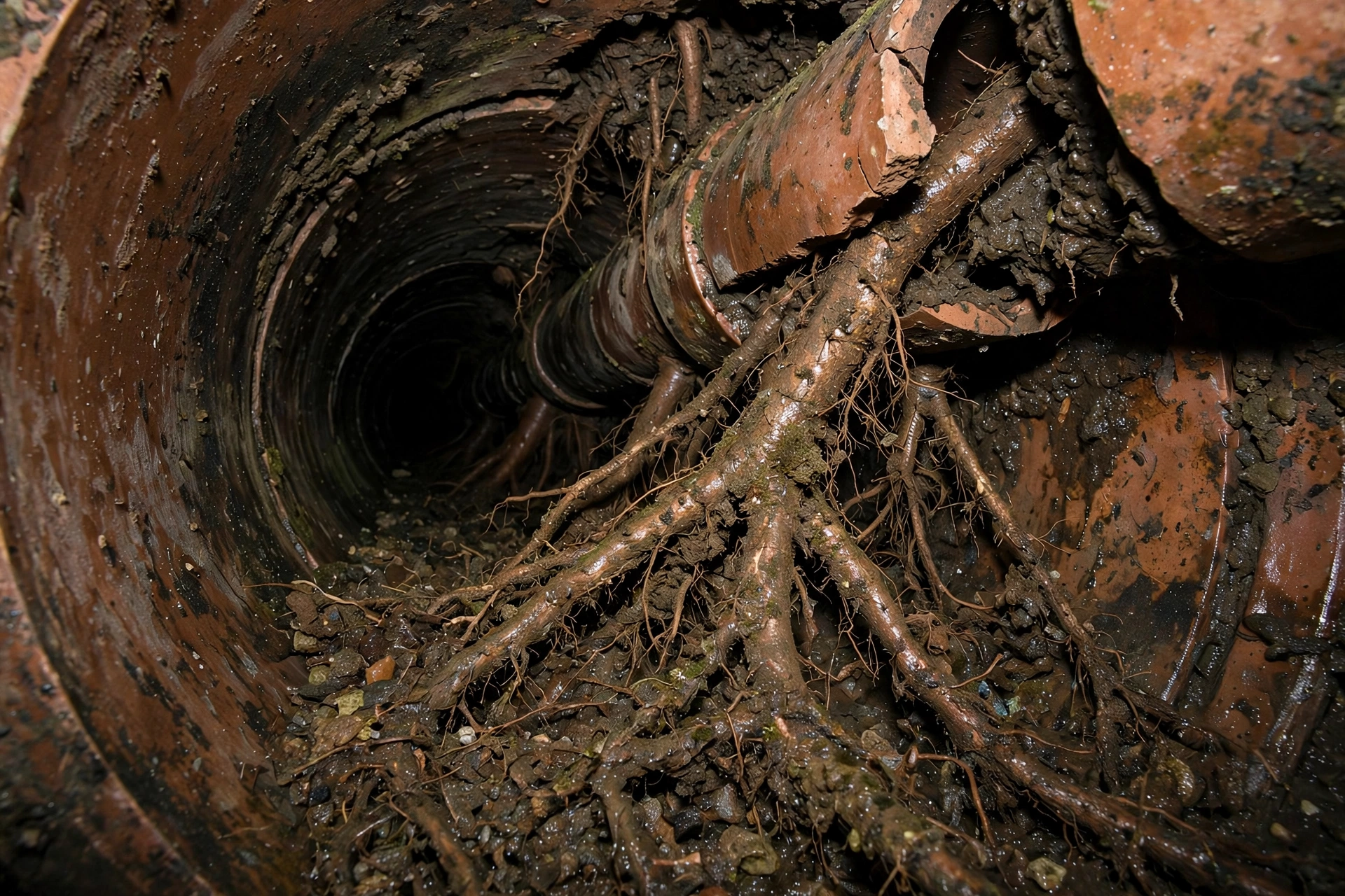 Inside an old clay tile sewer pipe: tree roots pushing through a separated mortar joint and filling the pipe