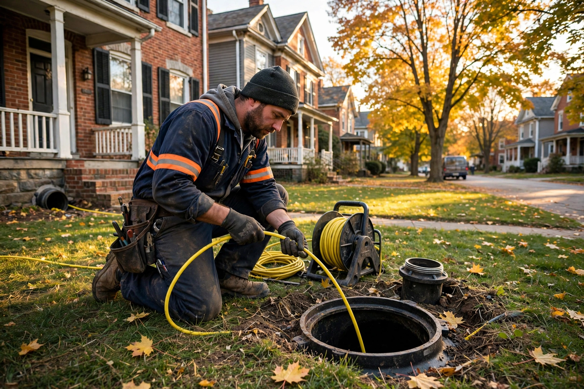 Sewer technician requirementding a camera cable into a cleanout in the front yard of an older brick Canton home, historic houses and autumn maple trees behind him