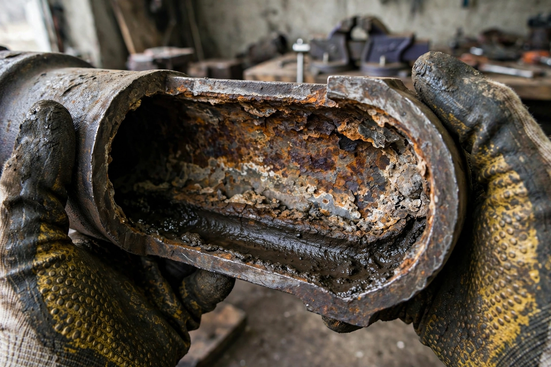 Close-up of a cut-open cast iron sewer pipe showing heavy internal rust corrosion, thick scale buildup, and a channeled worn path along the bottom