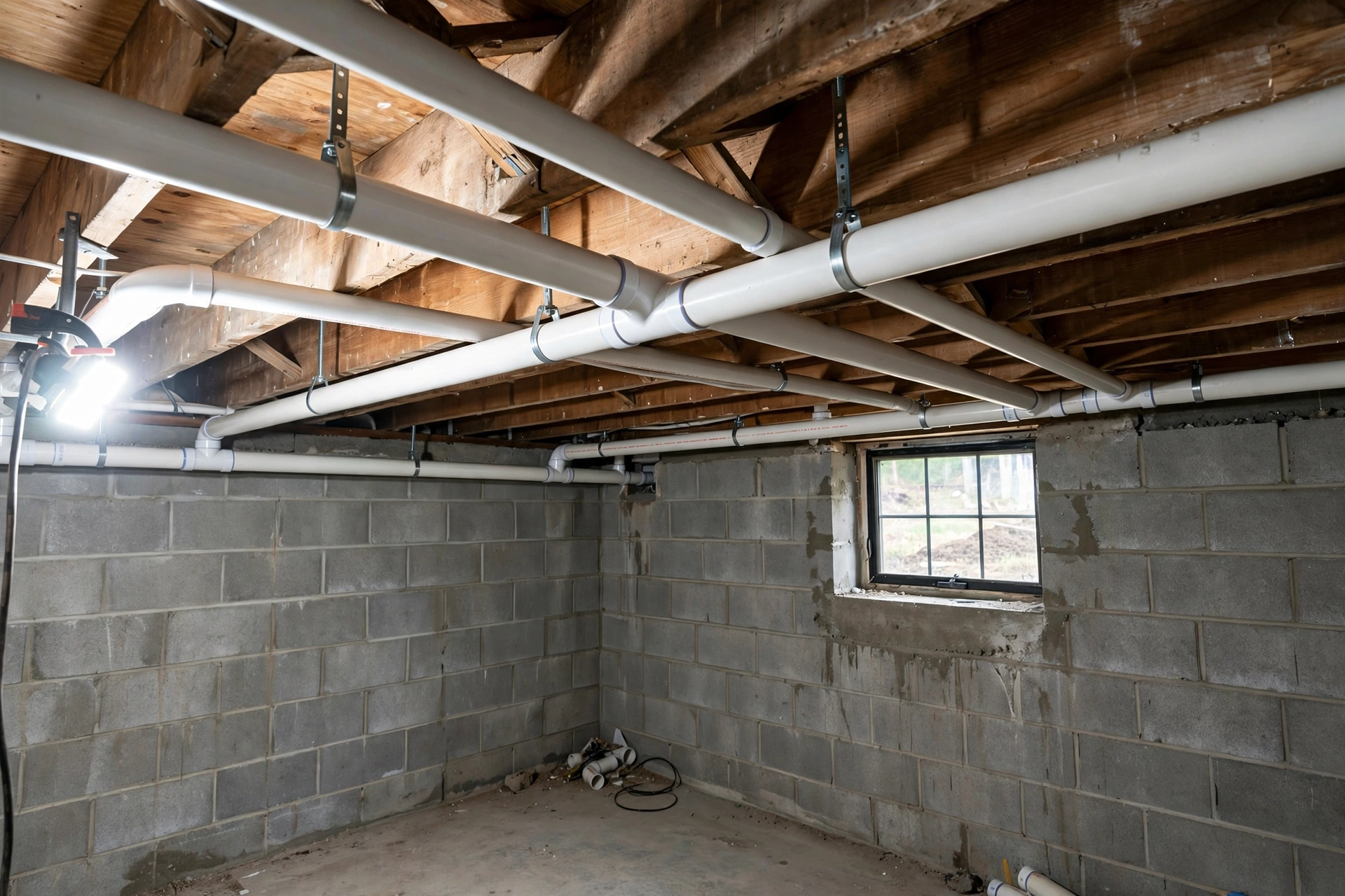 Newly installed white PVC drain pipes running along the ceiling of an unfinished Ohio home basement, with metal pipe hangers and concrete block walls