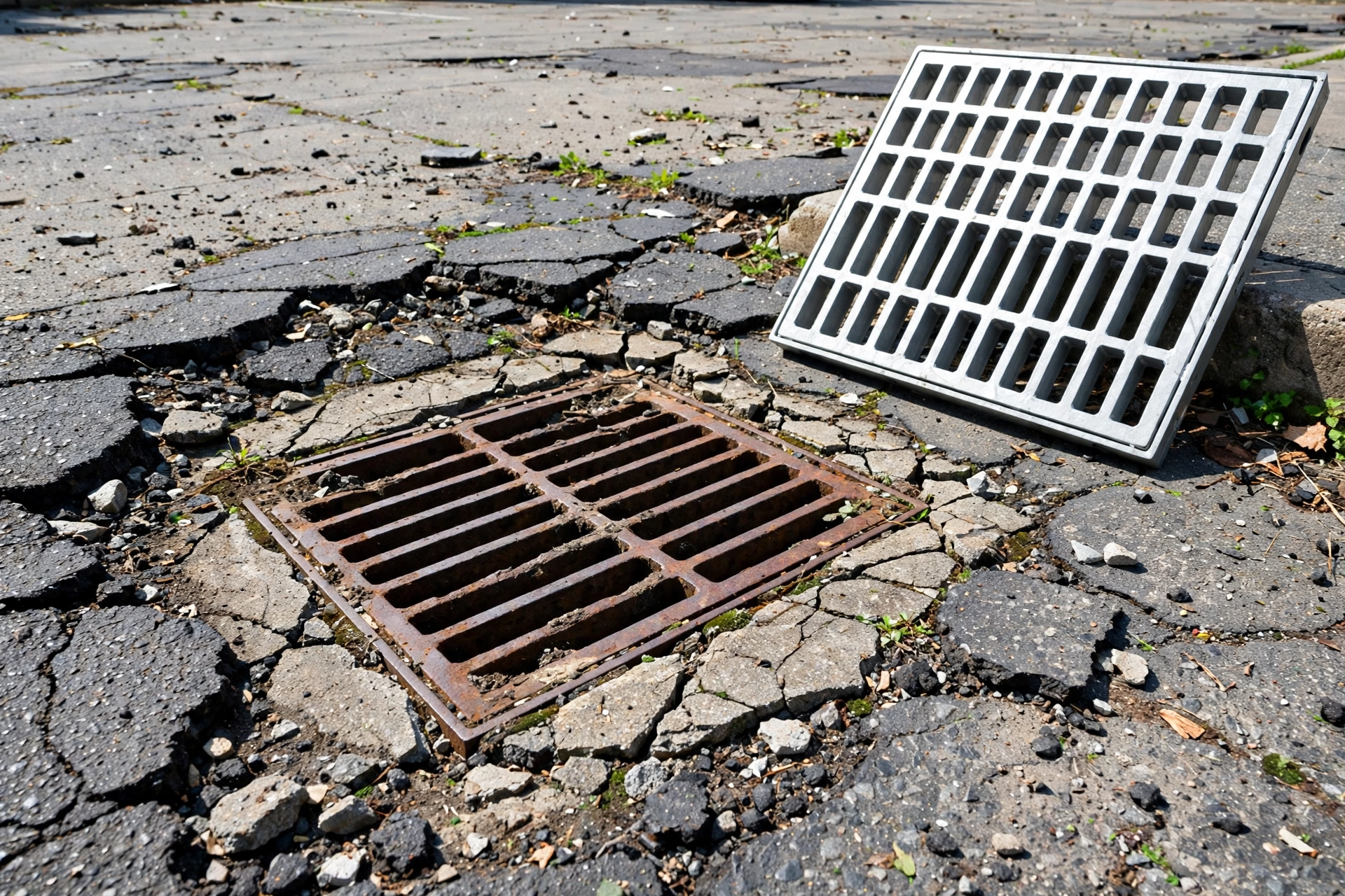 Storm drain catch basin with cracked concrete frame and rusted grate surrounded by broken asphalt in a parking lot