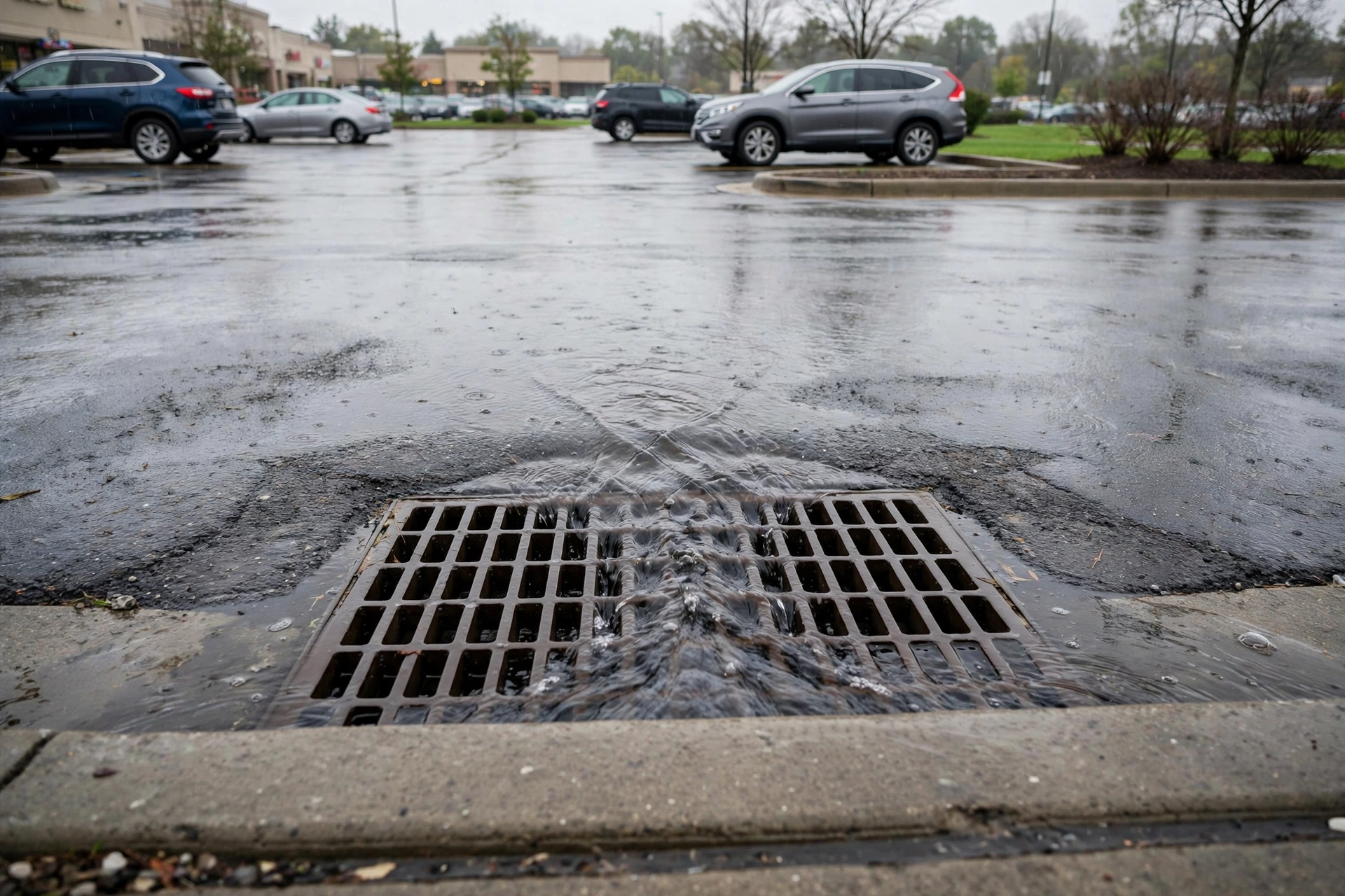 Storm drain catch basin with iron grate set in asphalt beside a curb in an Ohio commercial parking lot, rainwater draining toward it