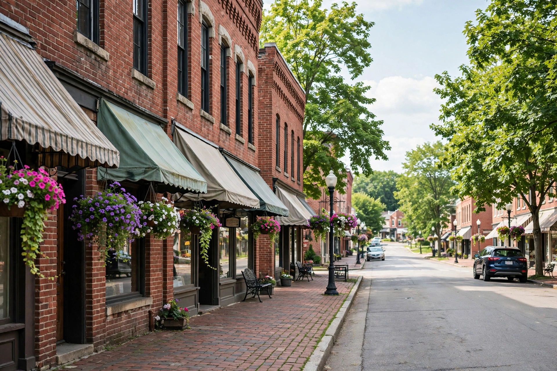 Historic small-town main street with 1800s brick storefronts and hanging flower baskets in Centerville