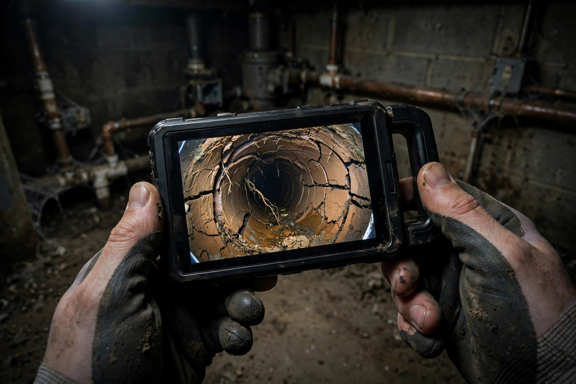 Technician holding a CCTV sewer camera monitor showing a cracked clay pipe interior