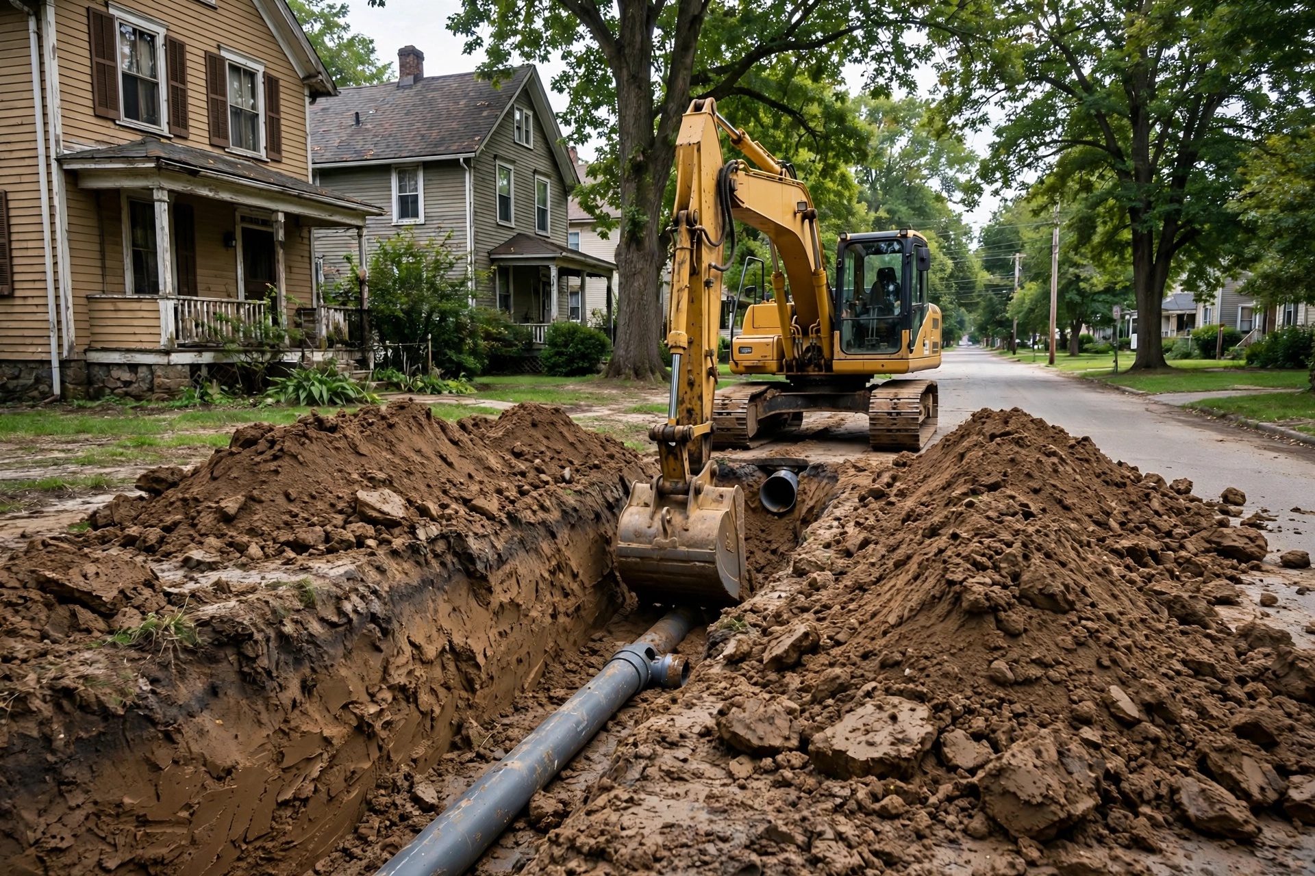 Excavator replacing a sewer lateral at an older Chillicothe home near the Scioto River, heavy clay soil in the trench