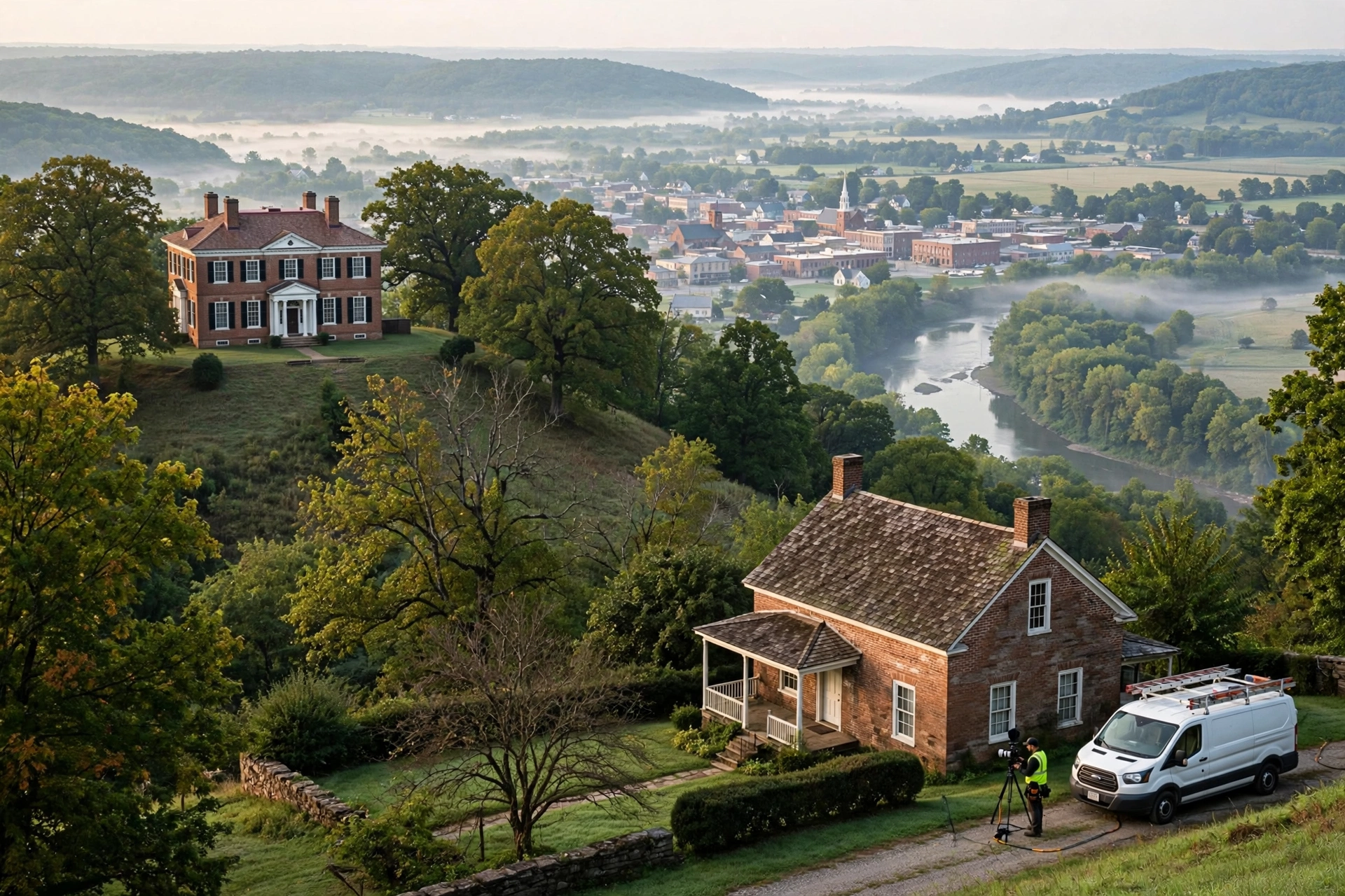 Federal-style brick mansion on a hill overlooking Chillicothe and the Scioto River valley, technician with sewer camera equipment at a nearby historic home