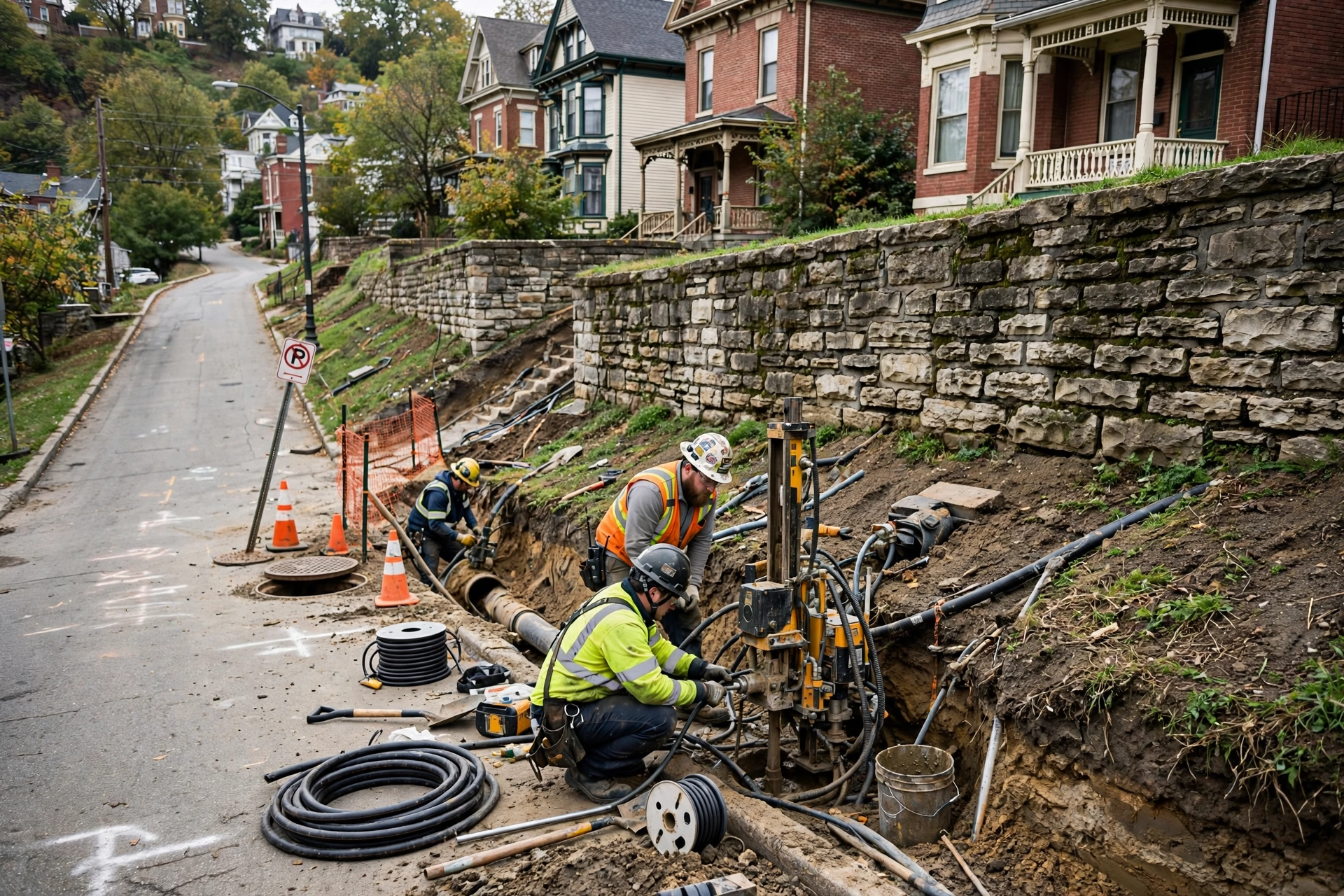Trenchless sewer repair crew working on a steep Cincinnati hillside with stone retaining walls