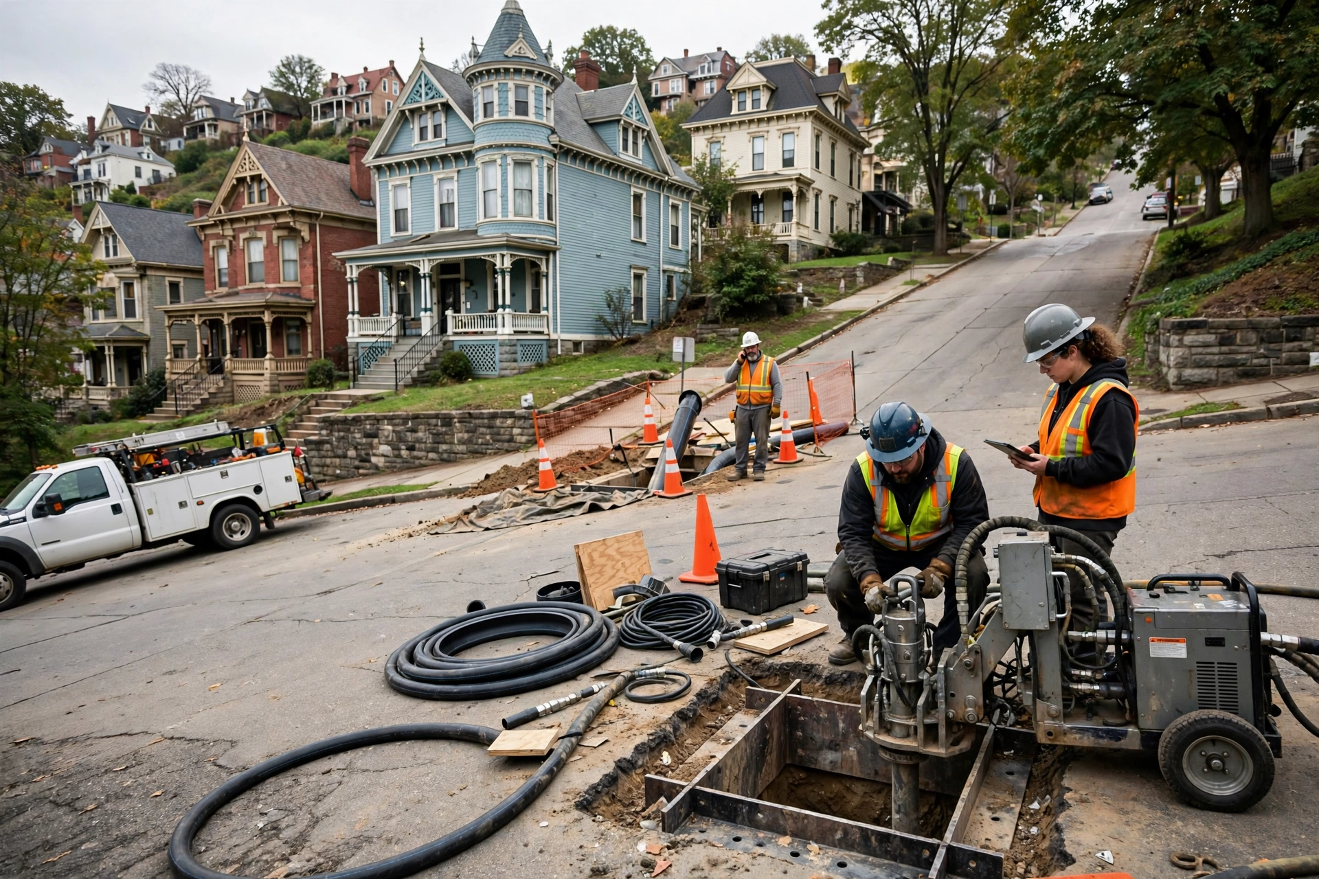 Sewer repair crew operating pipe-bursting equipment on a steep Cincinnati street lined with historic Victorian homes on a hillside