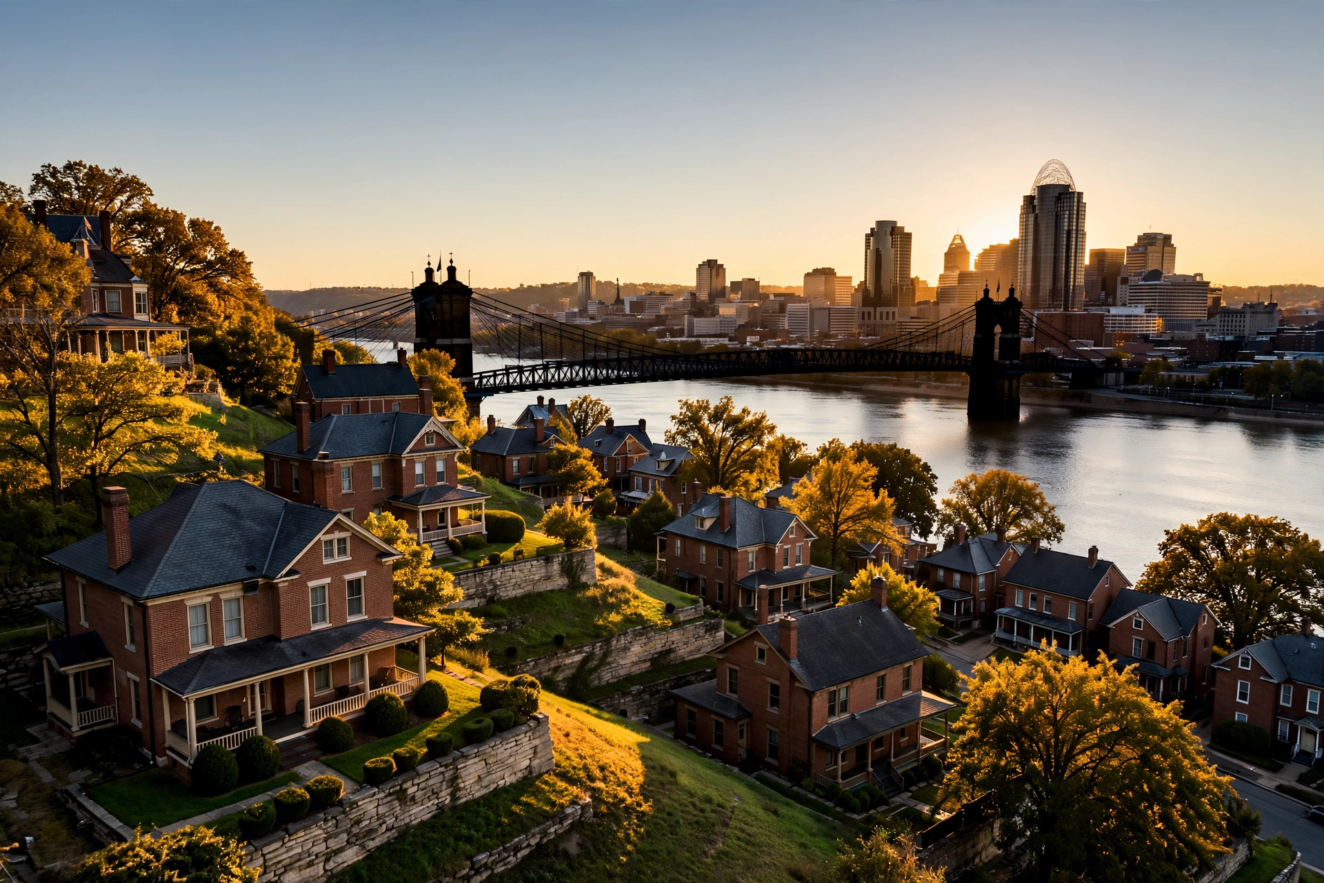 Cincinnati skyline across the Ohio River at golden hour with historic hillside neighborhoods in the foreground